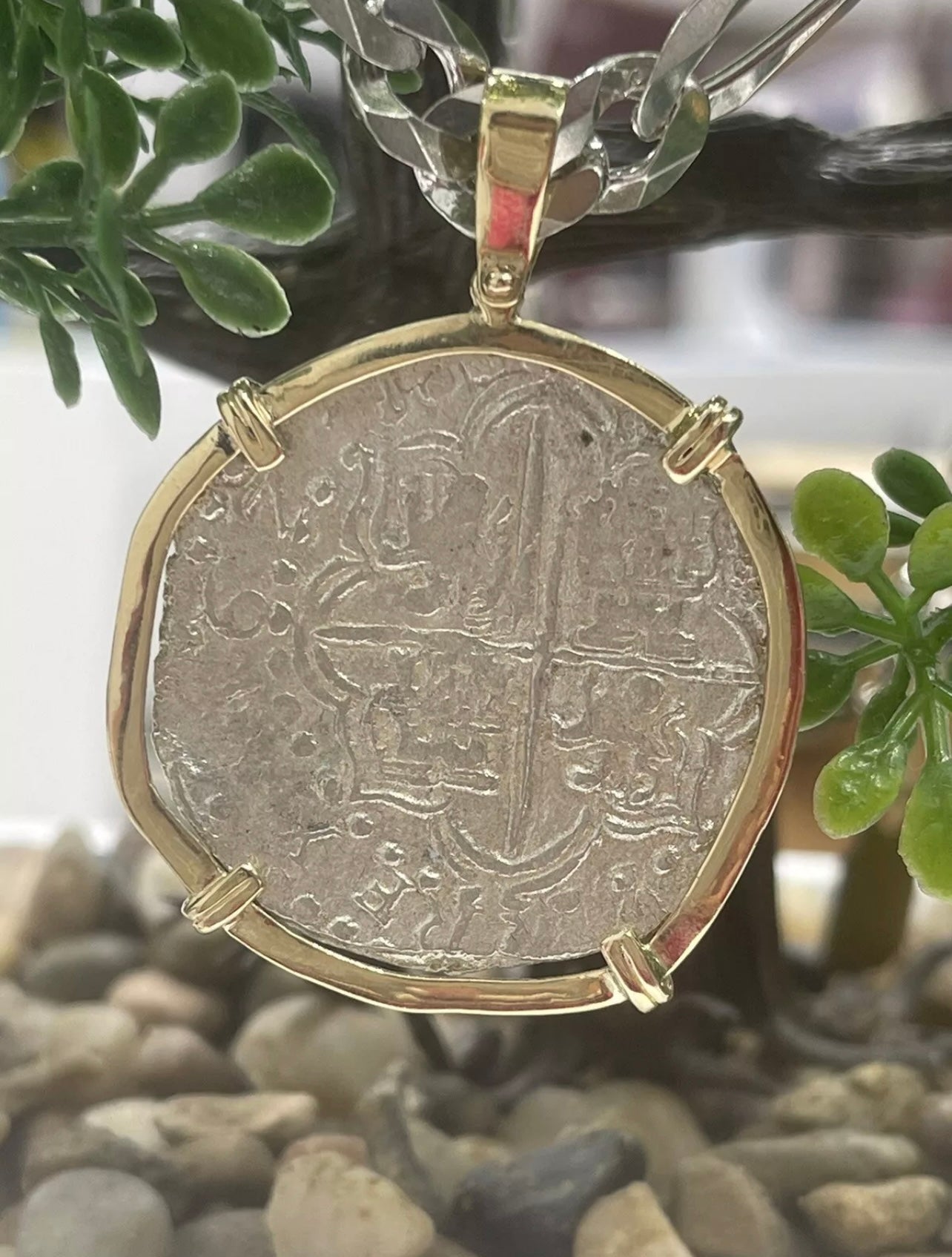 ATOCHA SILVER COIN PENDANT IN 14K REAL SOLID GOLD BEZEL