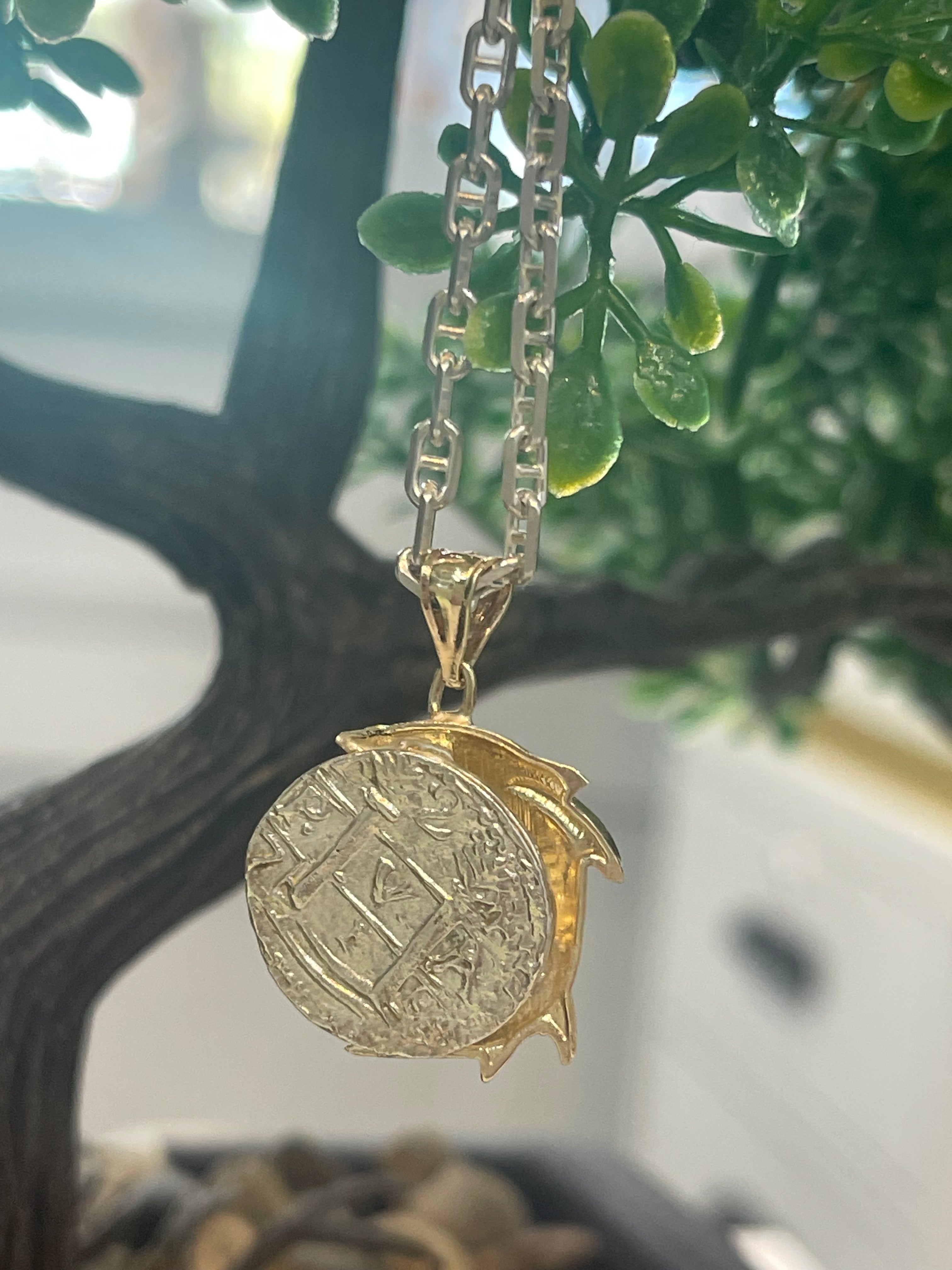 NUESTRA SENORA DE ATOCHA SILVER COIN PENDANT IN 10K REAL GOLD FISH