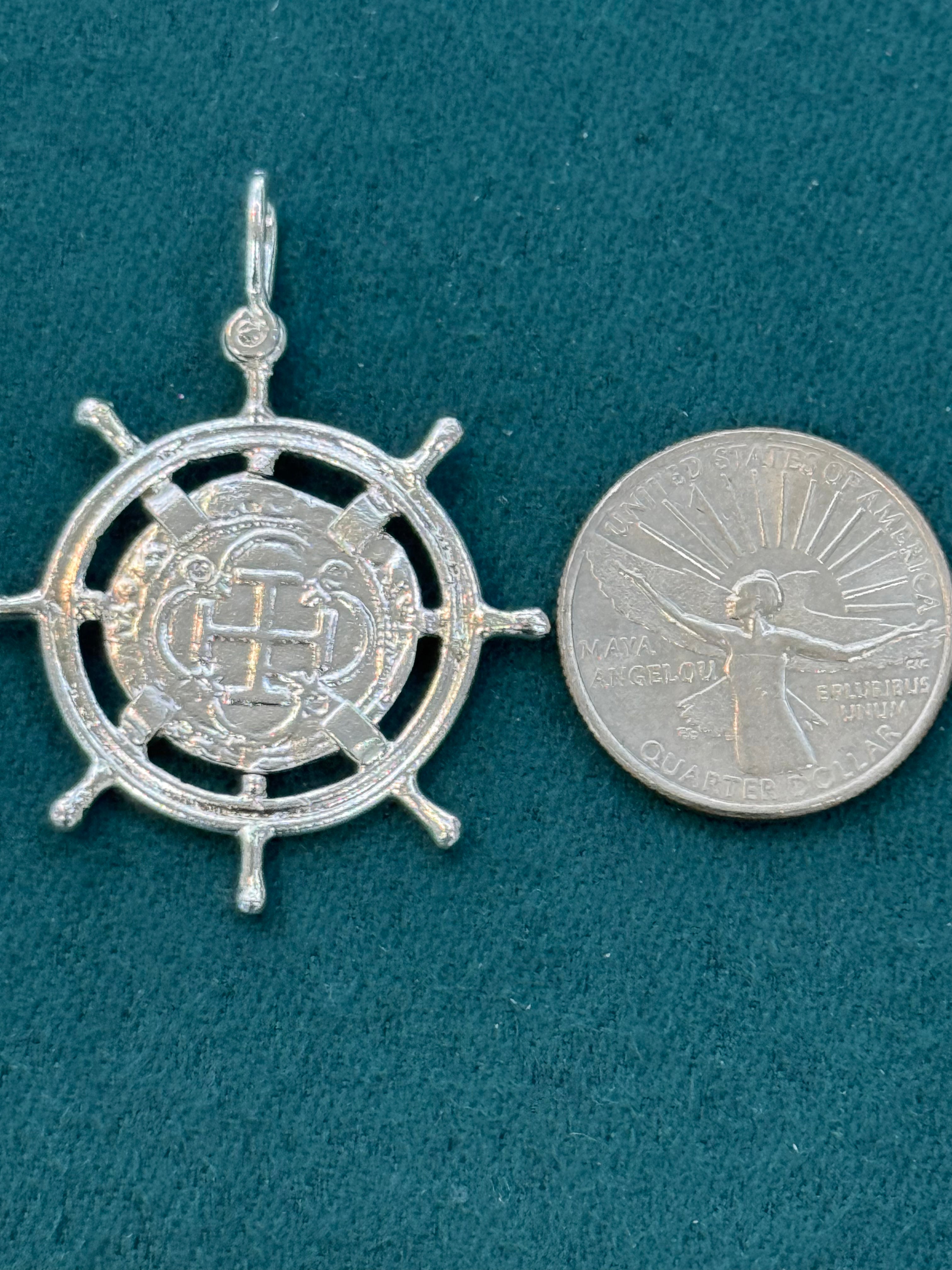 ATOCHA SILVER SHIPS-WHEEL COIN PENDANT