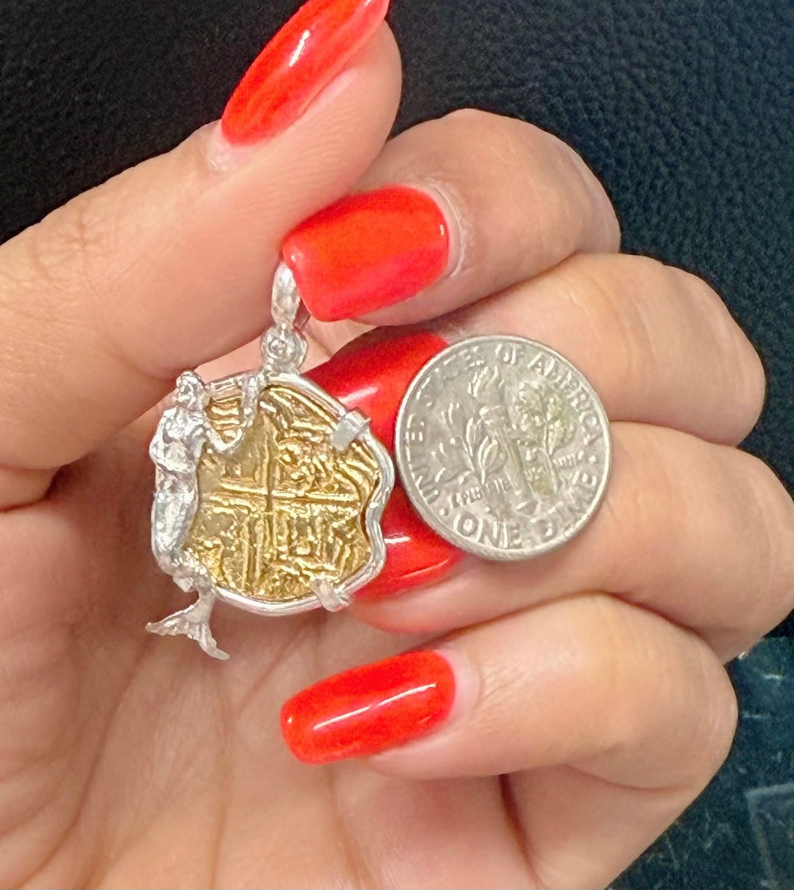 NUESTRA SENORA DE ATOCHA 14K REAL GOLD COIN PENDANT IN ATOCHA SILVER MERMAID 🧜♀️ BEZEL