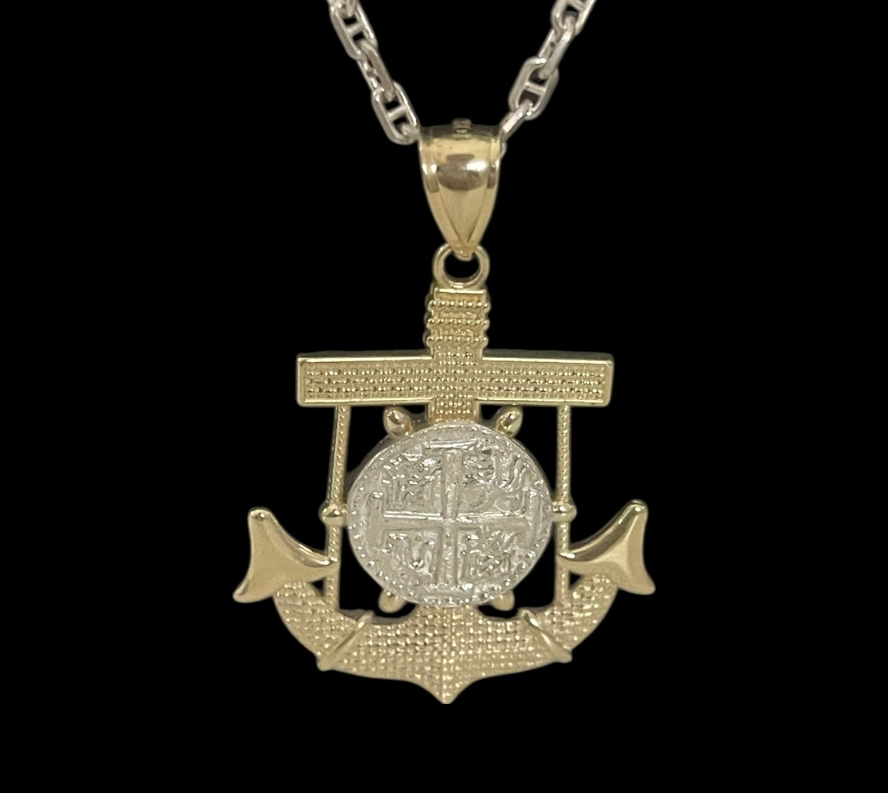 NUESTRA SENORA DE ATOCHA MINI SILVER COIN PENDANT IN 10K REAL GOLD ANCHOR