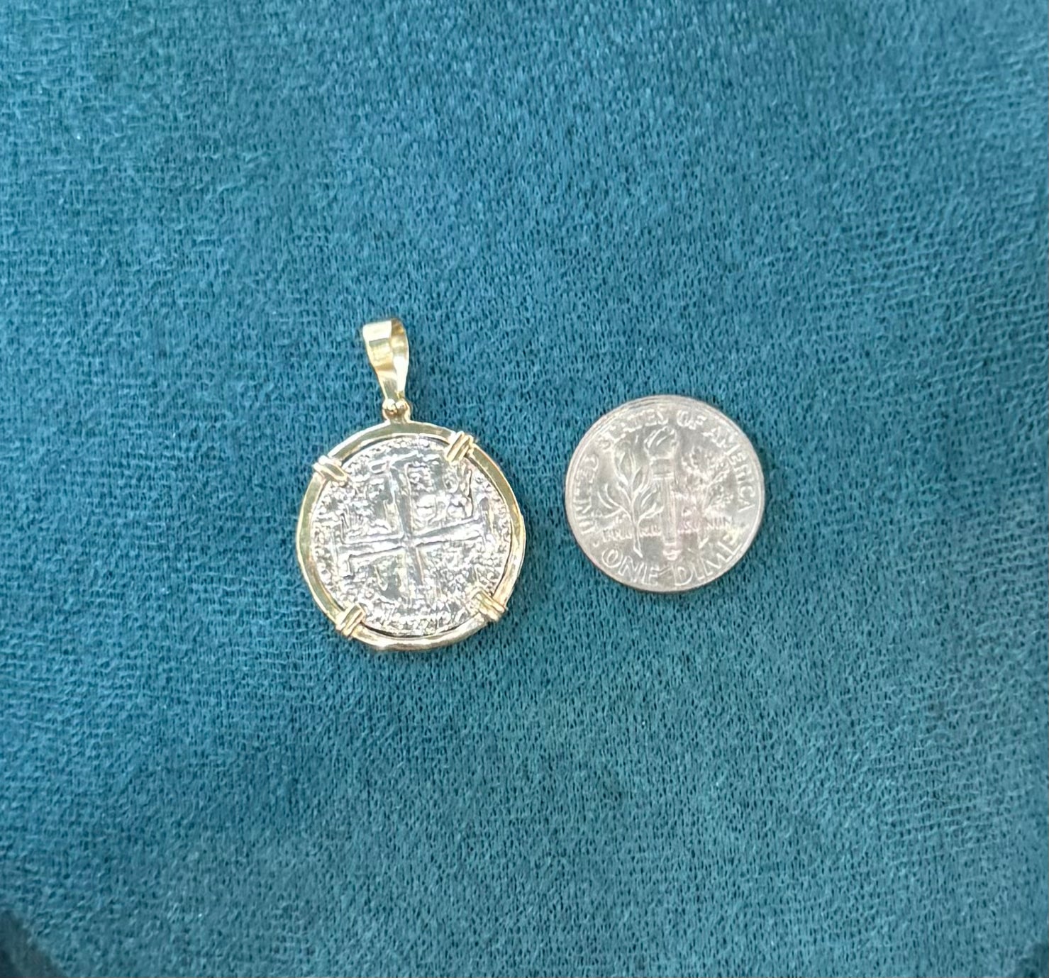 NUESTRA SENORA DE ATOCHA SILVER COIN PENDANT IN 14KT GOLD BEZEL