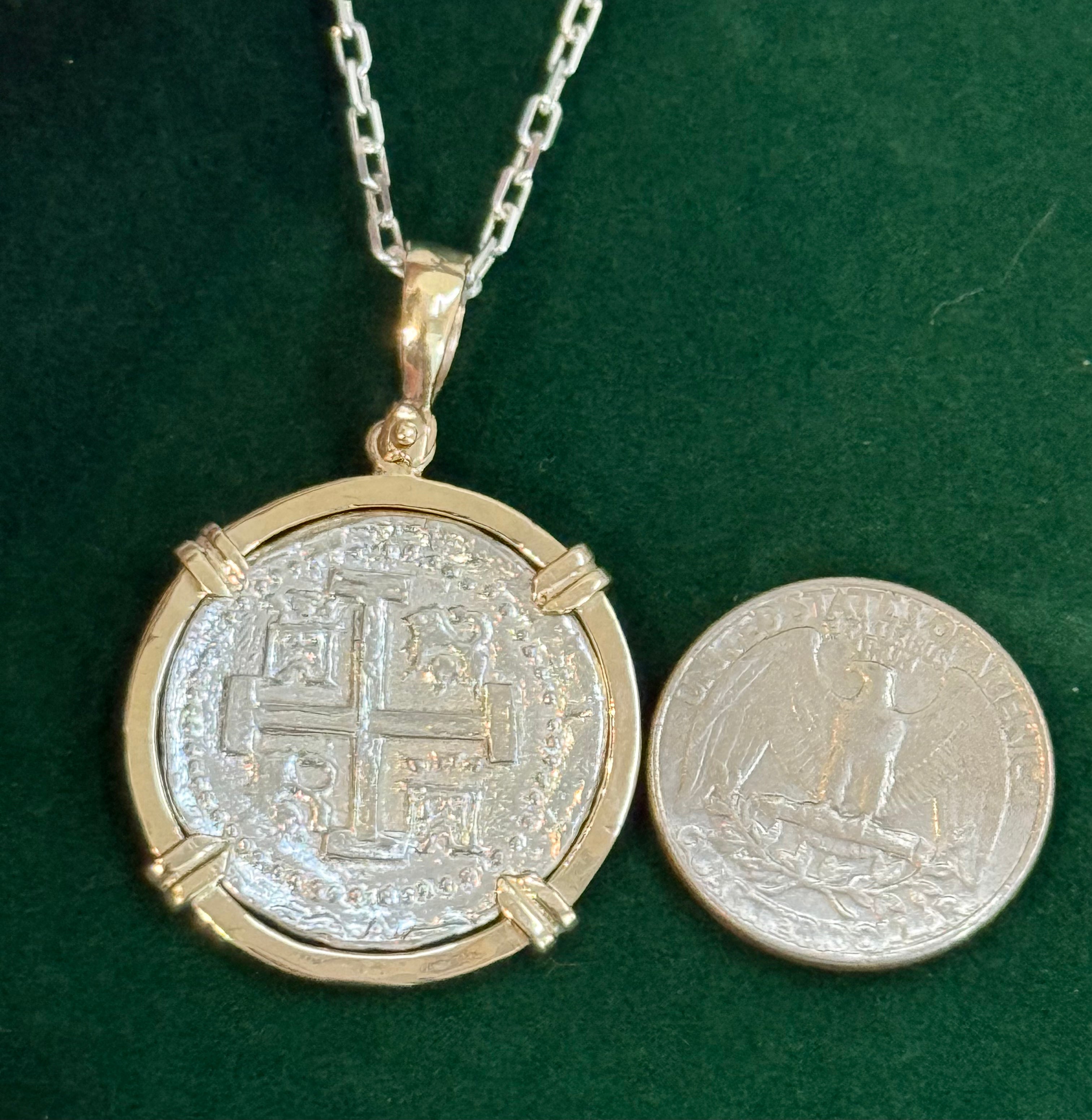 ATOCHA SHIPWRECK SILVER COIN PENDANT IN 14KT SOLID REAL GOLD BEZEL