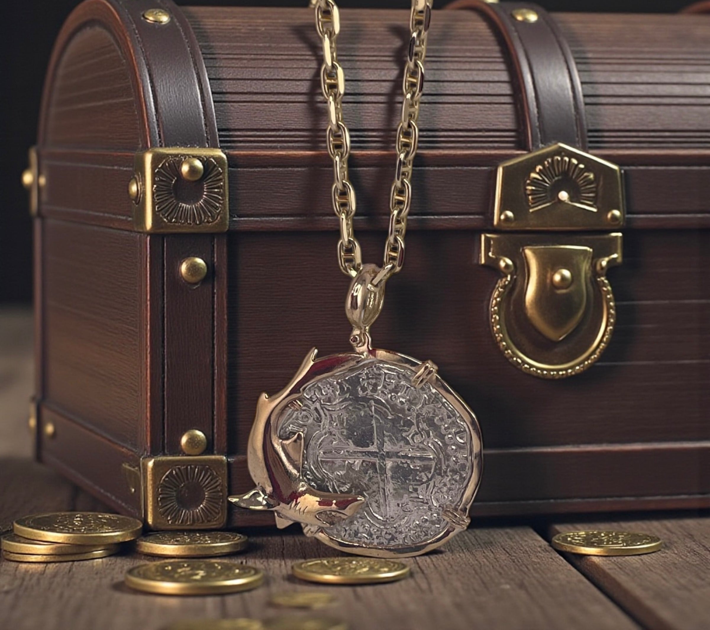 NUESTRA SENORA DE ATOCHA SOLID LARGE SILVER COIN PENDANT IN 14KT SOLID GOLD FISH BEZEL