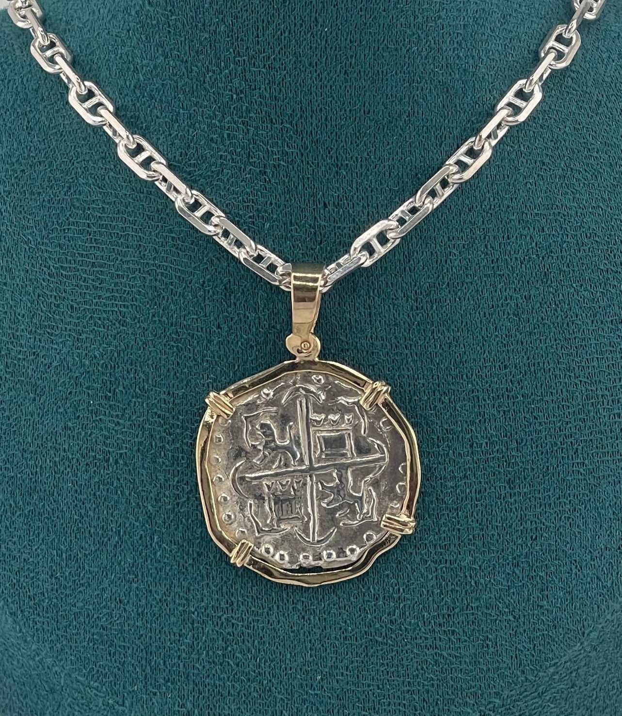 NUESTRA SENORA DE ATOCHA SOLID SILVER COIN PENDANT IN 14KT SOLID GOLD BEZEL