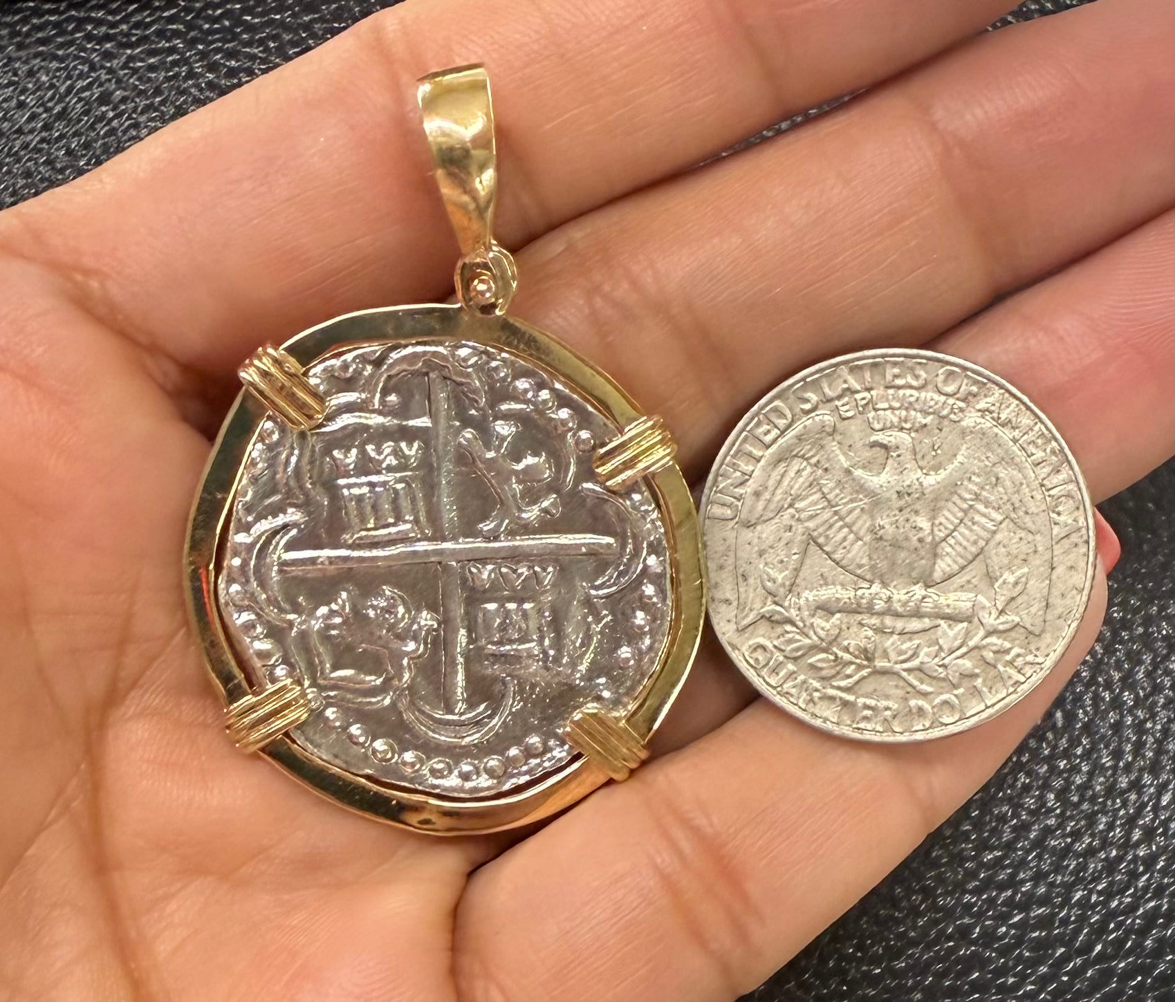 GORGEOUS ATOCHA SOLID SILVER SOLID COIN PENDANT IN 14K SOLID GOLD BEZEL