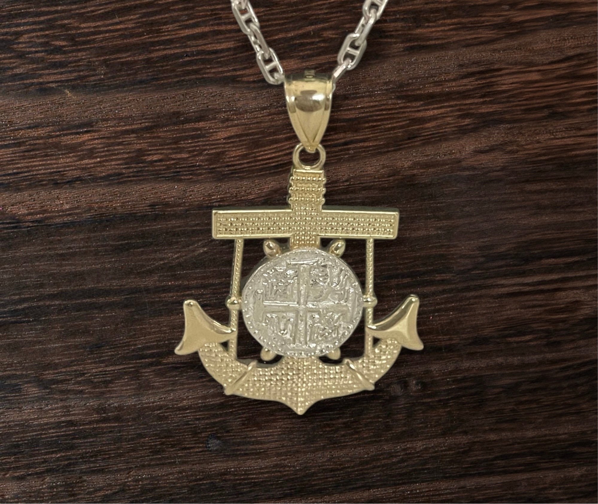 NUESTRA SENORA DE ATOCHA MINI SILVER COIN PENDANT IN 10K REAL GOLD ANCHOR
