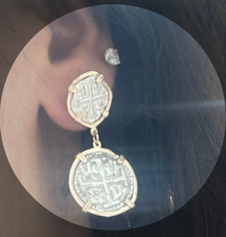 ATOCHA SILVER COIN STUD DANGLE EARRINGS IN 14k GOLD BEZEL