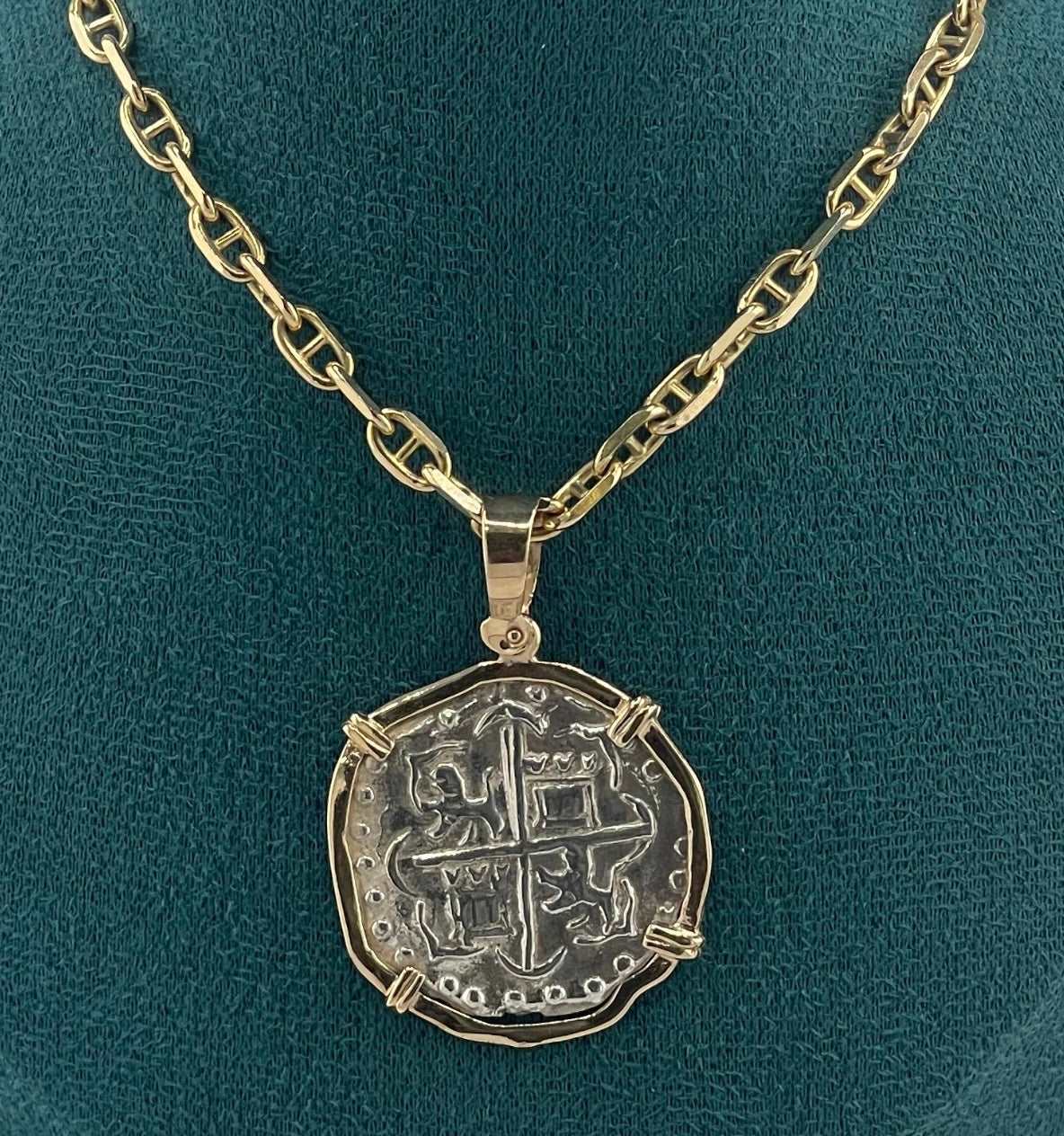 NUESTRA SENORA DE ATOCHA SOLID SILVER COIN PENDANT IN 14KT SOLID GOLD BEZEL