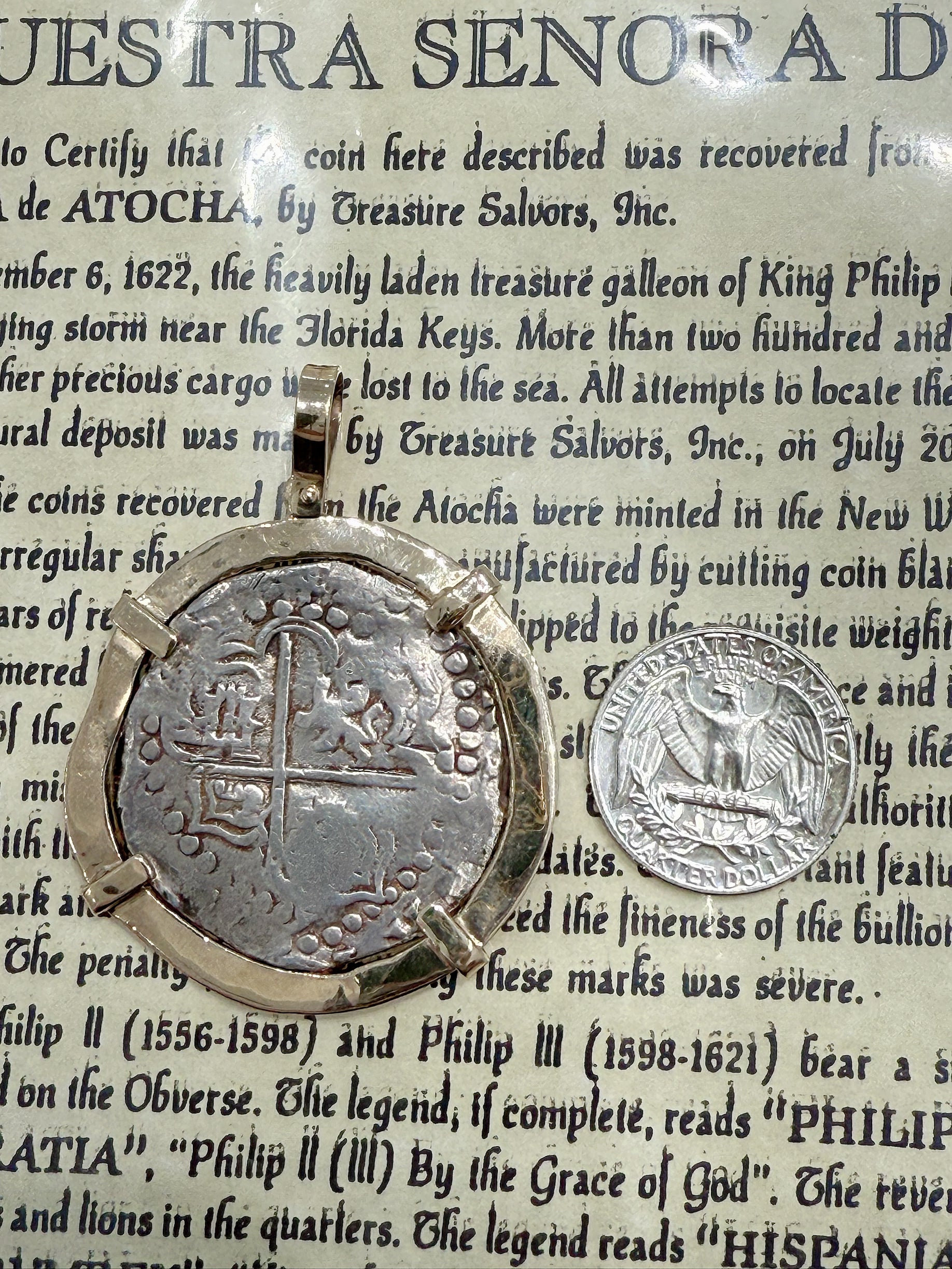 ACTUAL COIN NUESTRA SENORA DE ATOCHA SILVER COIN 8 REALE GRADE 1 COIN NO ML-292379 BEZELED WITH 14k SOLID REAL GOLD