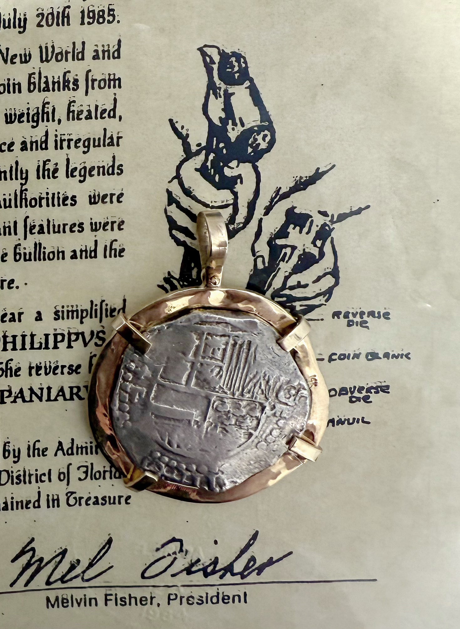 ACTUAL COIN NUESTRA SENORA DE ATOCHA SILVER COIN 8 REALE GRADE 1 COIN NO ML-292379 BEZELED WITH 14k SOLID REAL GOLD