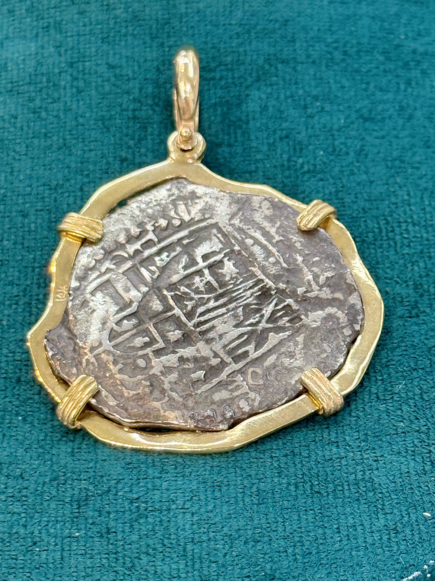 ATOCHA SILVER COIN PENDANT IN 14K REAL SOLID GOLD BEZEL 8 REALE SIZE HANDMADE FROM ATOCHA SILVER