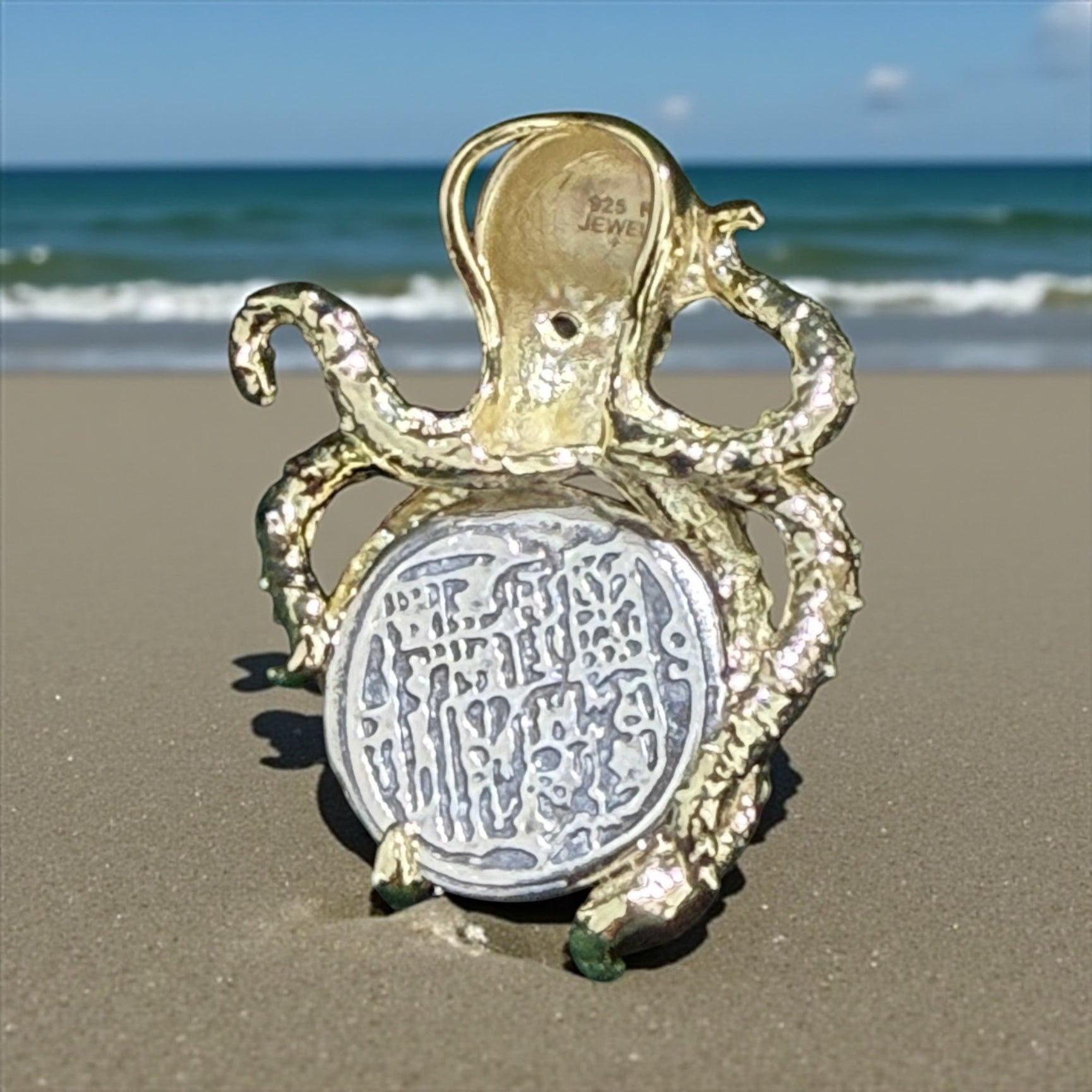 Gorgeous atocha 925 solid sterling silver coin pendant in octopus setting with green gemstone eyes in 14k gold vermeil