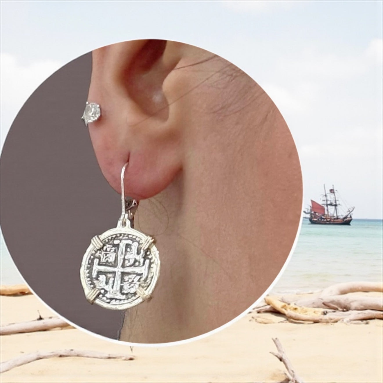 HANDMADE ATOCHA SILVER COIN EARRINGS IN 14k GOLD BEZEL