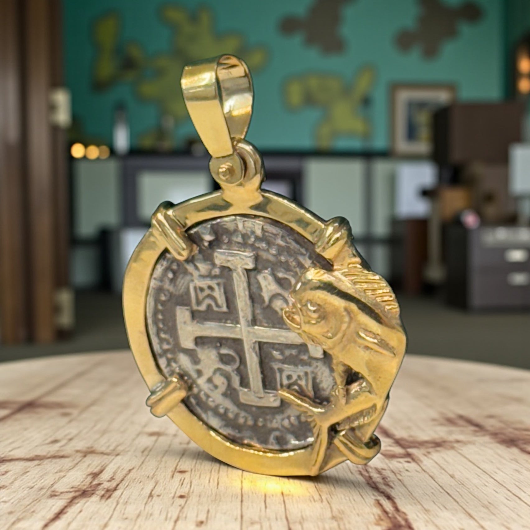 ATOCHA SOLID SILVER COIN PENDANT IN 14KT SOLID REAL GOLD MAHI MAHI FISH BEZEL