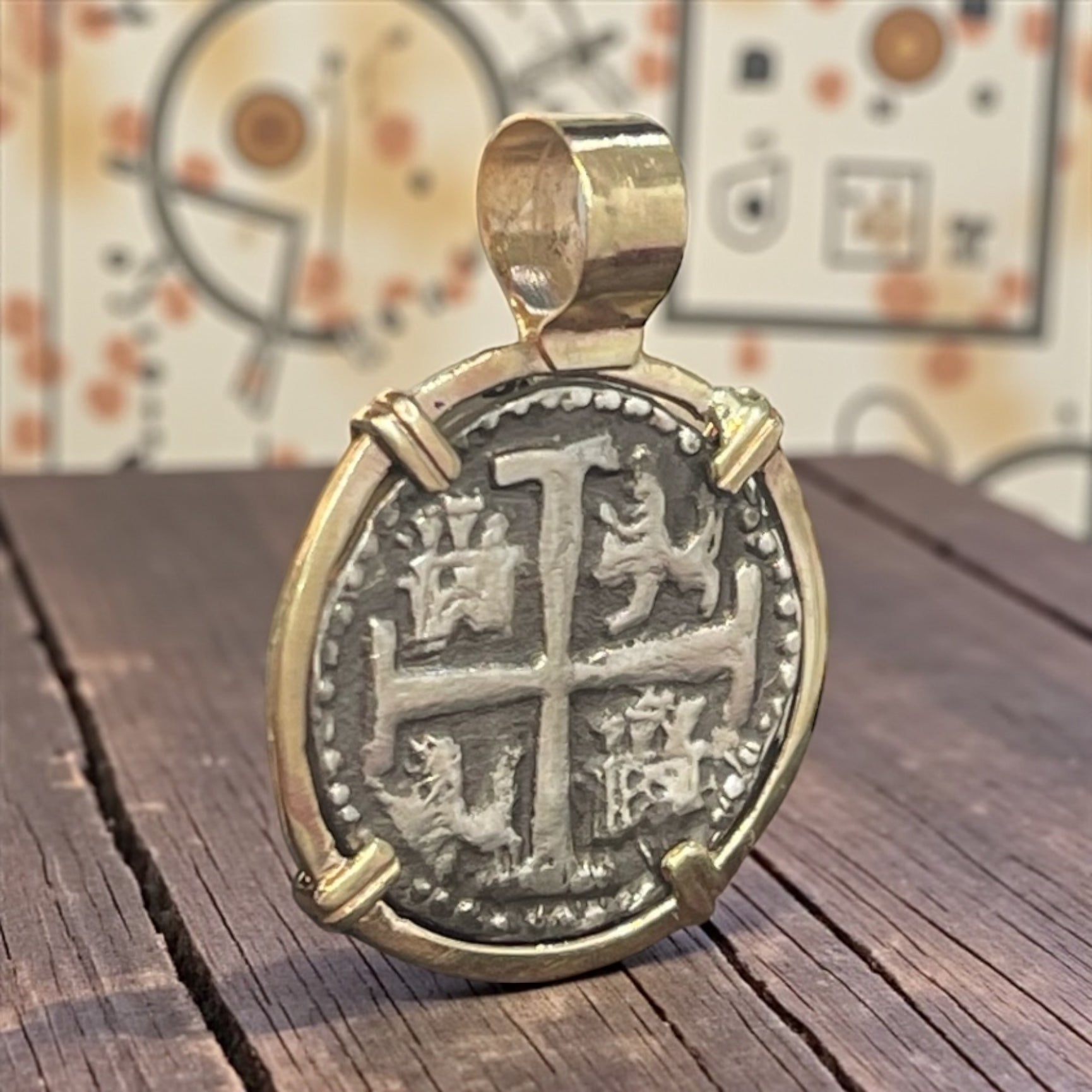 ATOCHA SILVER COIN PENDANT IN 14K REAL SOLID GOLD BEZEL HANDMADE FROM ATOCHA SILVER