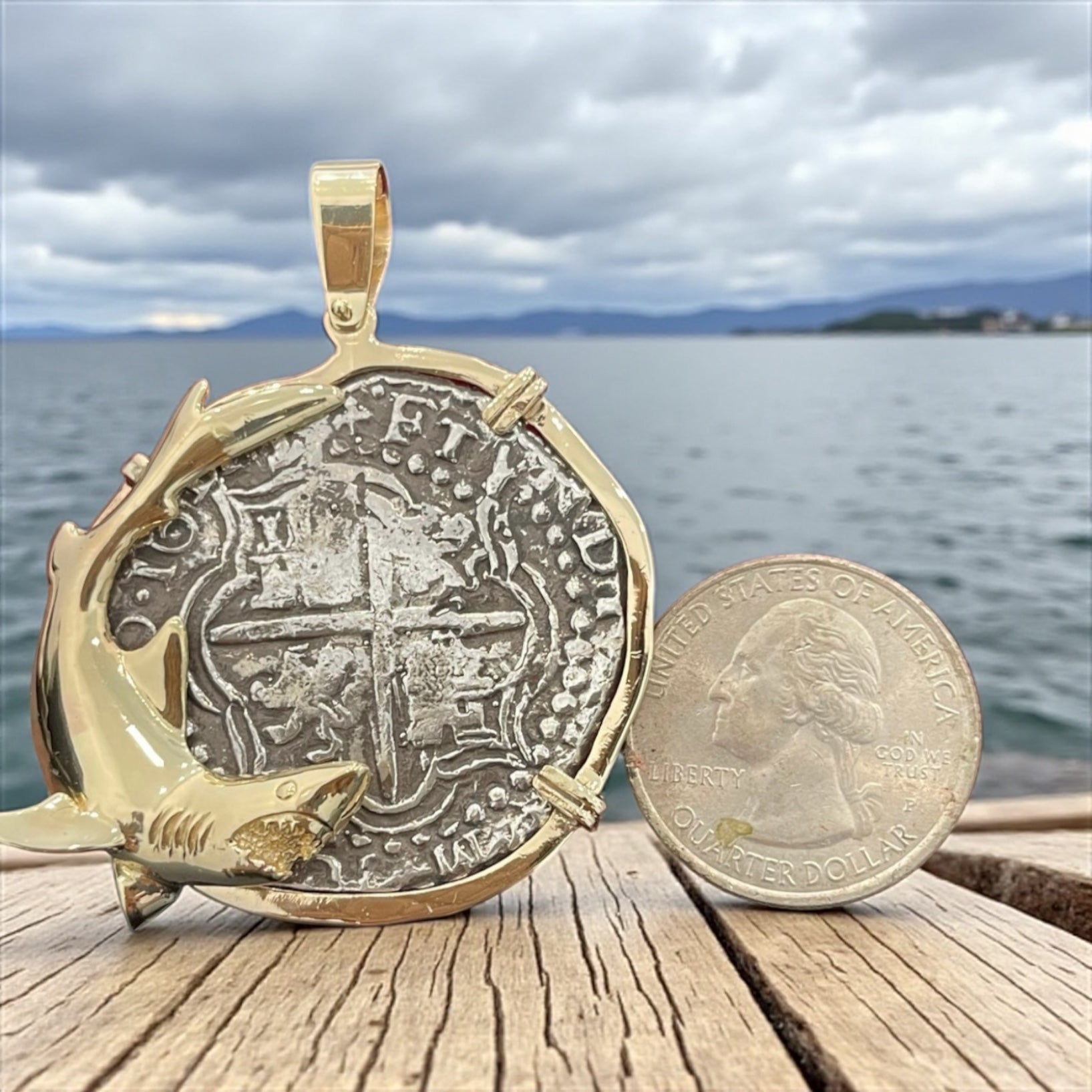 NUESTRA SENORA DE ATOCHA SOLID LARGE SILVER COIN PENDANT IN 14KT SOLID REAL GOLD FISH BEZEL