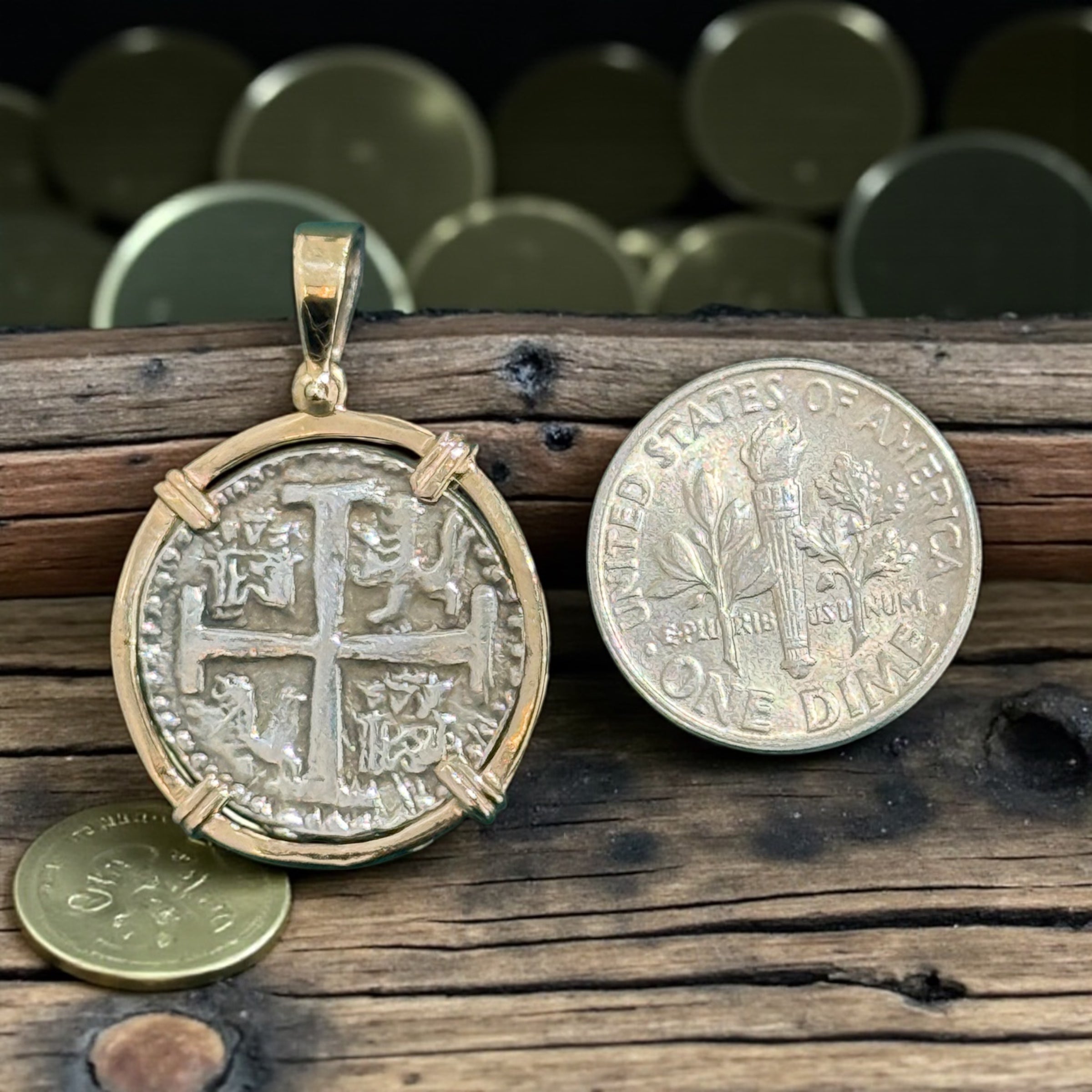 NUESTRA SENORA DE ATOCHA SILVER COIN PENDANT IN 14KT GOLD BEZEL