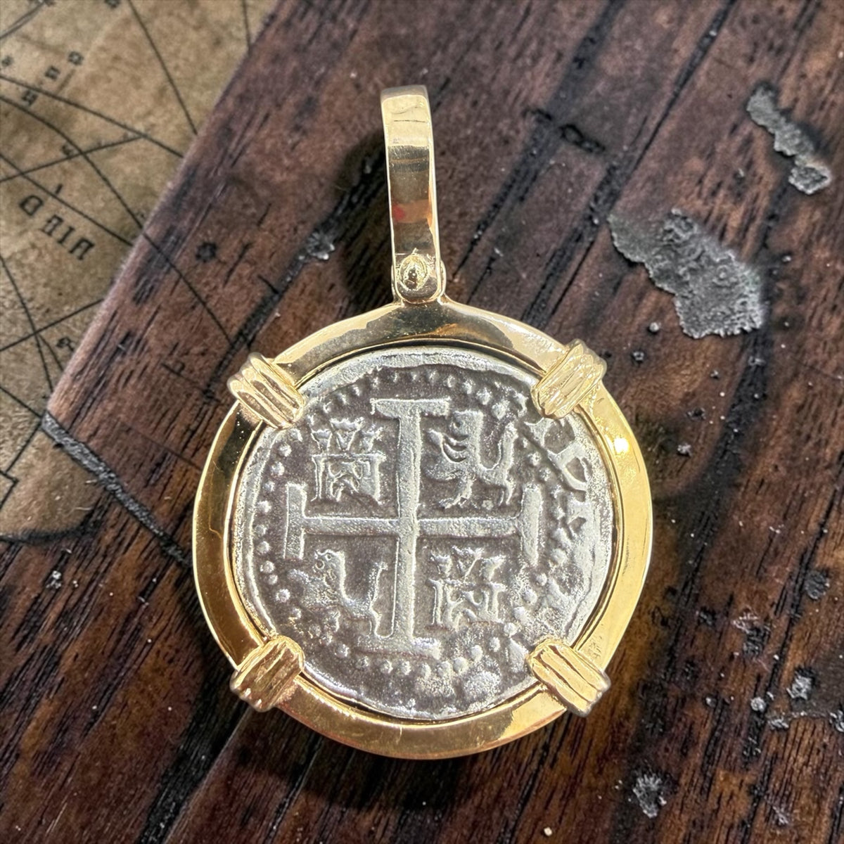 RECREATION OF NUESTRA SENORA DE ATOCHA SILVER COIN PENDANT IN 14KT SOLID GOLD BEZEL AND SOLID BALE HANDMADE