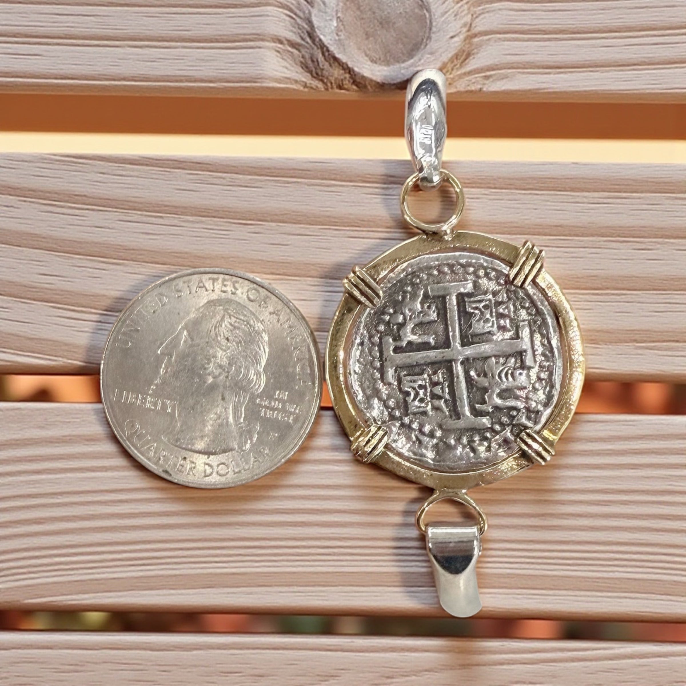 ATOCHA SOLID SILVER COIN BANGLE BEZELED WITH 14k SOLID GOLD BEZEL