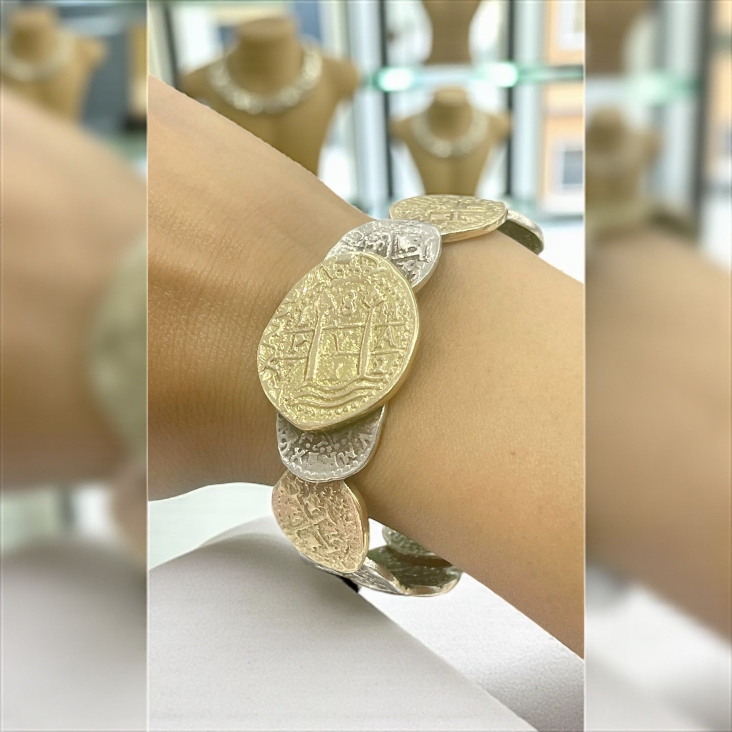ATOCHA SOLID SILVER AND 14K SOLID REAL GOLD COIN BANGLE