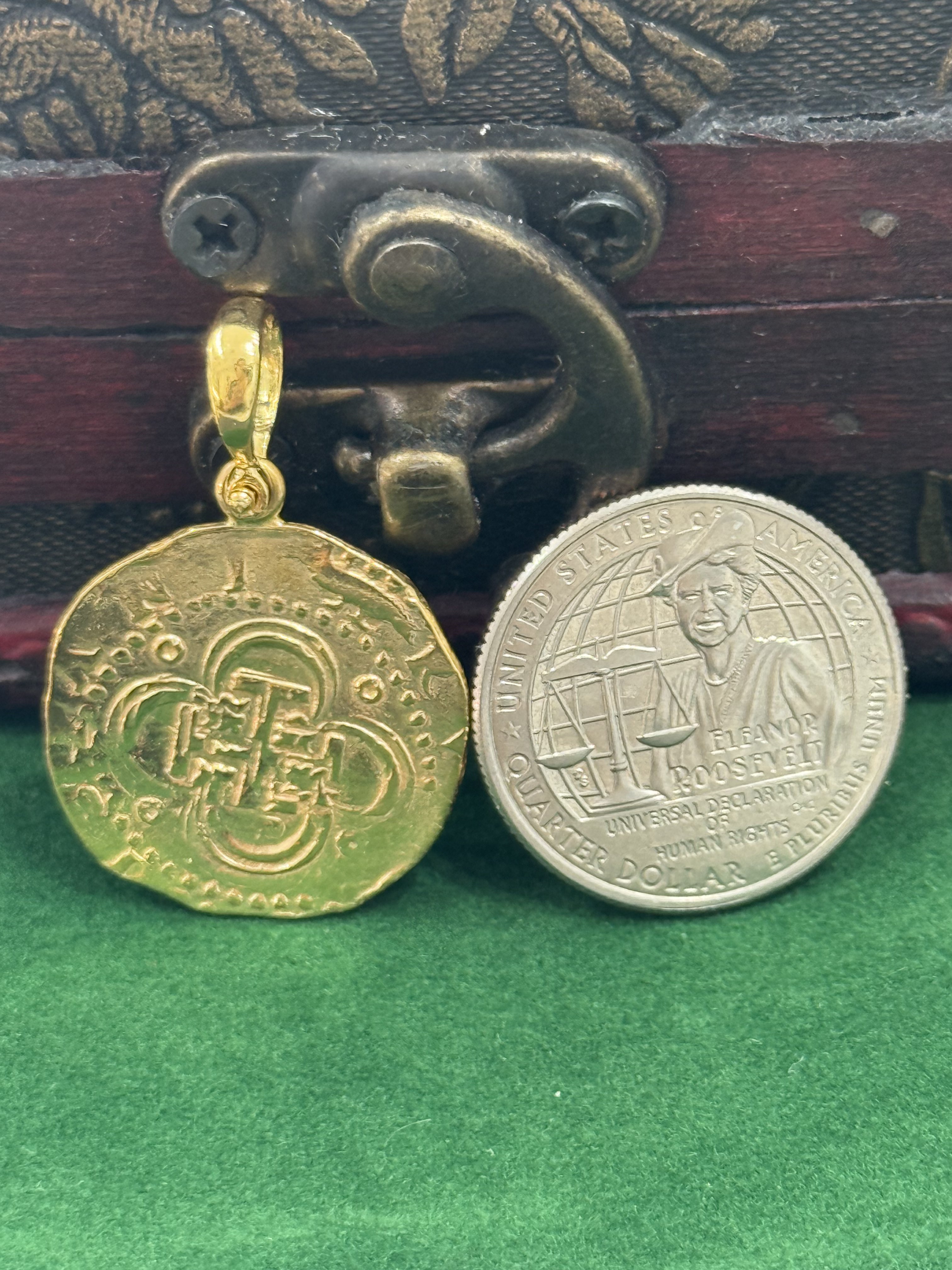 MUSEUM QUALITY RECREATION OF ATOCHA SHIPWRECK GOLD COIN PENDANT HANDMADE WITH 14k REAL GOLD