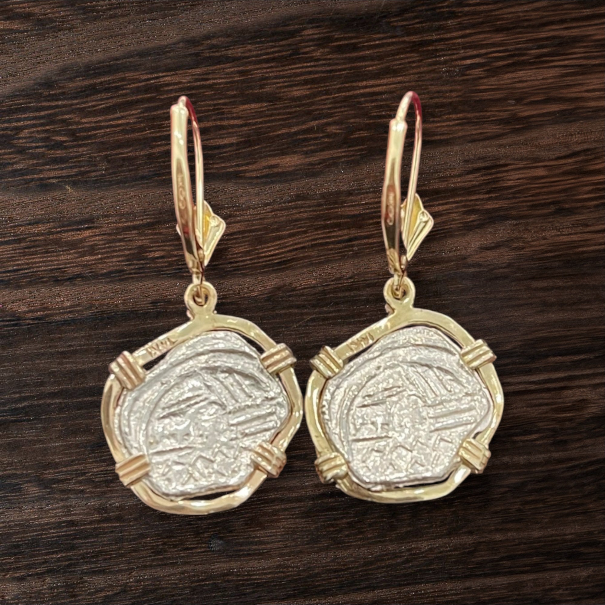 NUESTRA SENORA DE ATOCHA MINI SILVER COIN EARRINGS IN 14k GOLD BEZEL