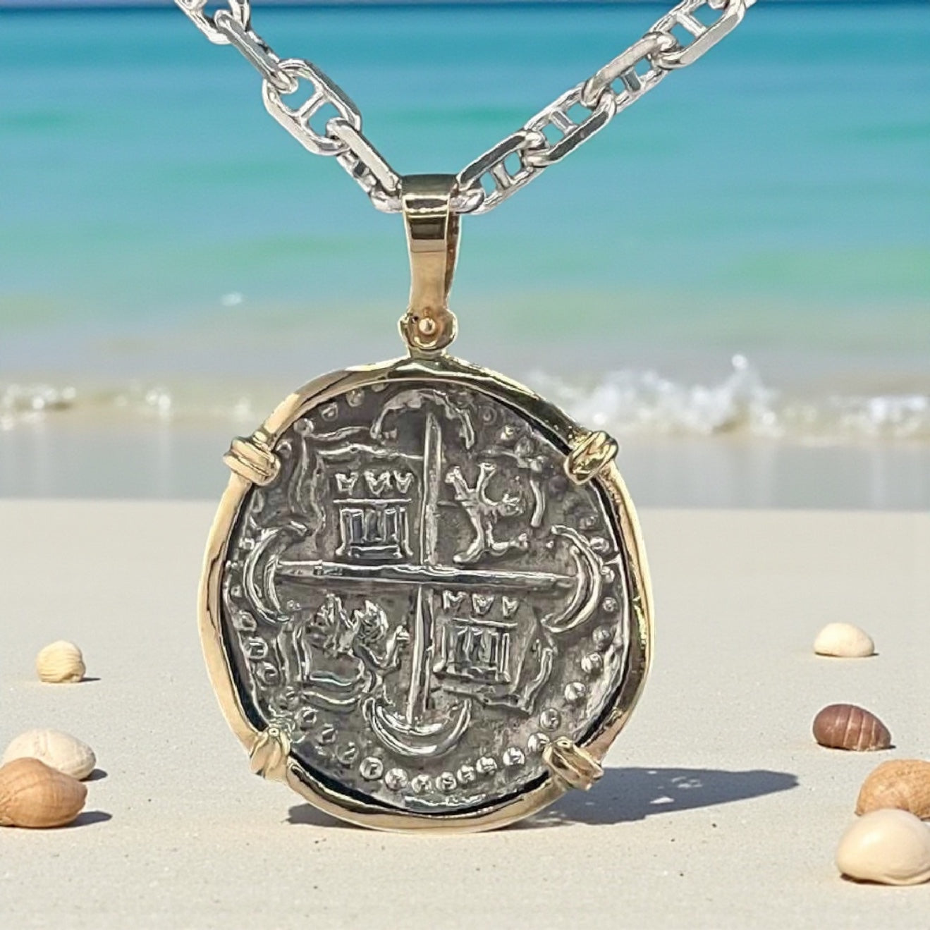 NUESTRA SENORA DE ATOCHA SOLID SILVER COIN PENDANT IN 14KT SOLID GOLD BEZEL