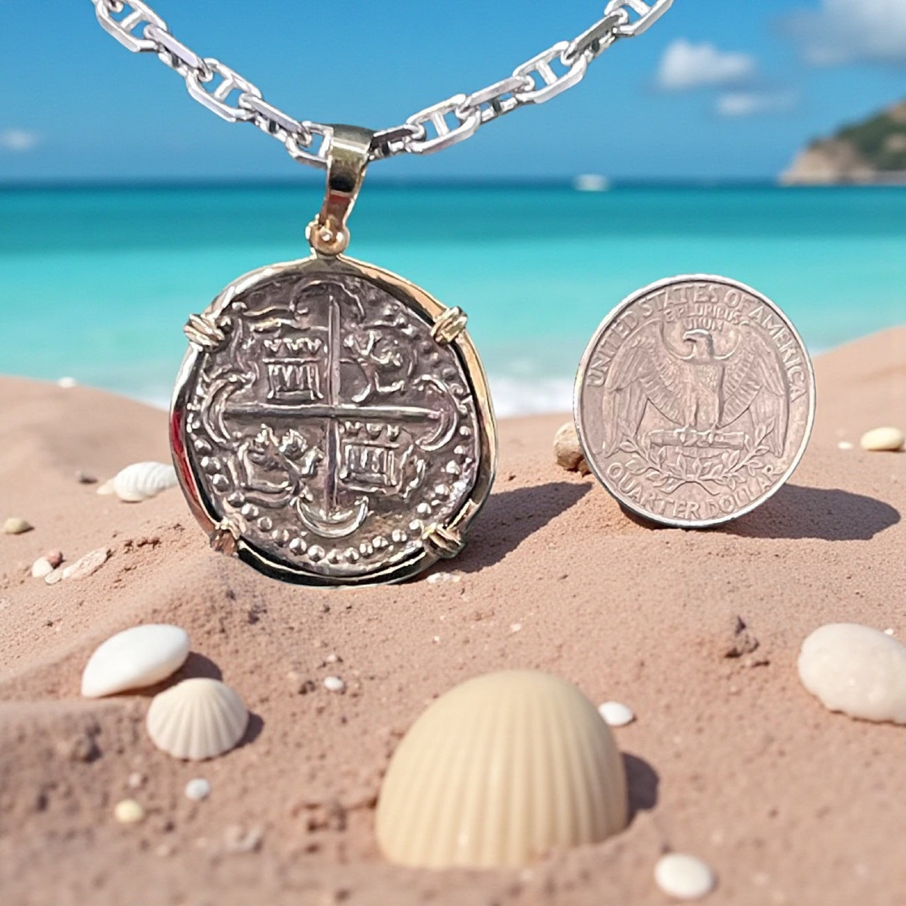 NUESTRA SENORA DE ATOCHA SOLID SILVER COIN PENDANT IN 14KT SOLID GOLD BEZEL