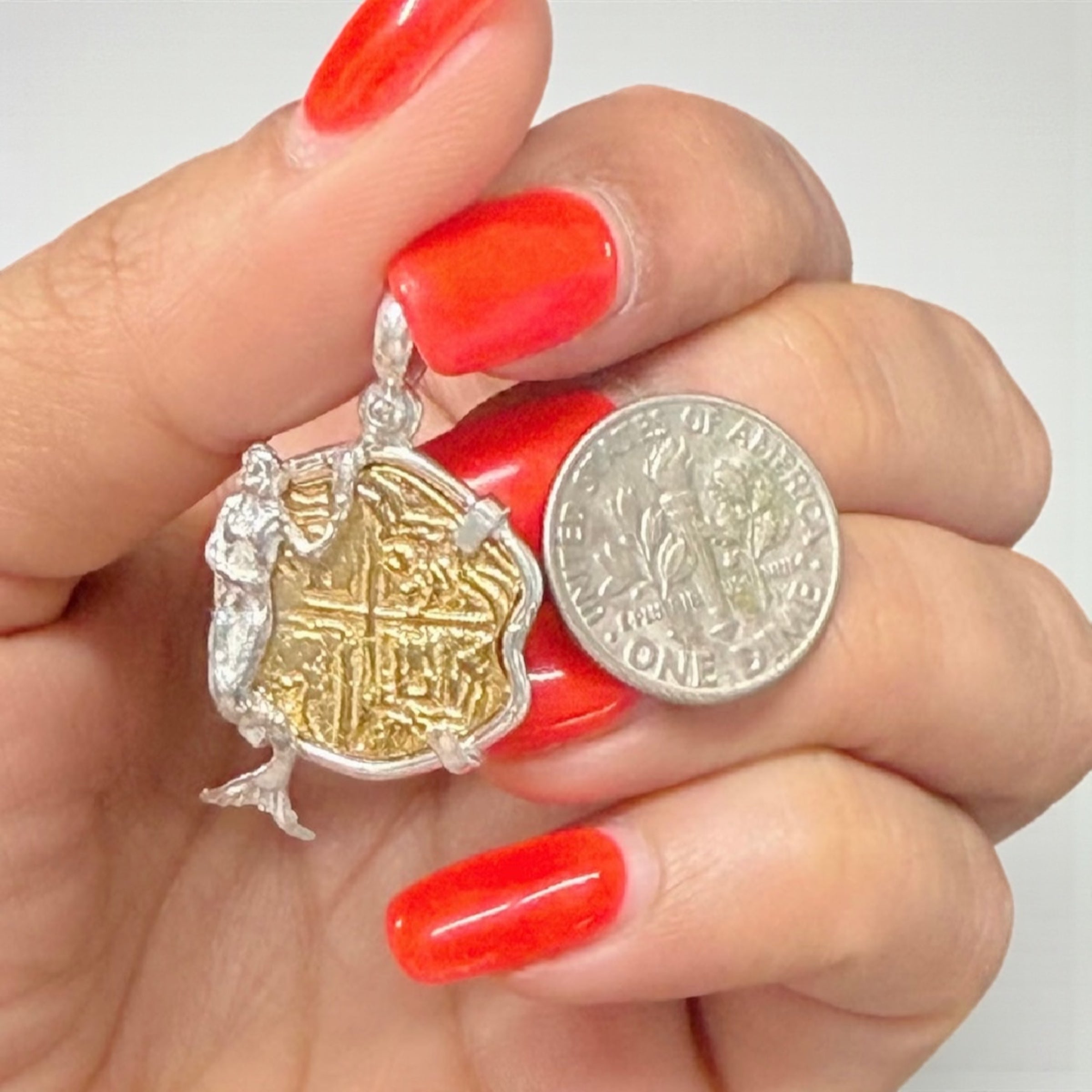 NUESTRA SENORA DE ATOCHA 14K REAL GOLD COIN PENDANT IN ATOCHA SILVER MERMAID 🧜♀️ BEZEL