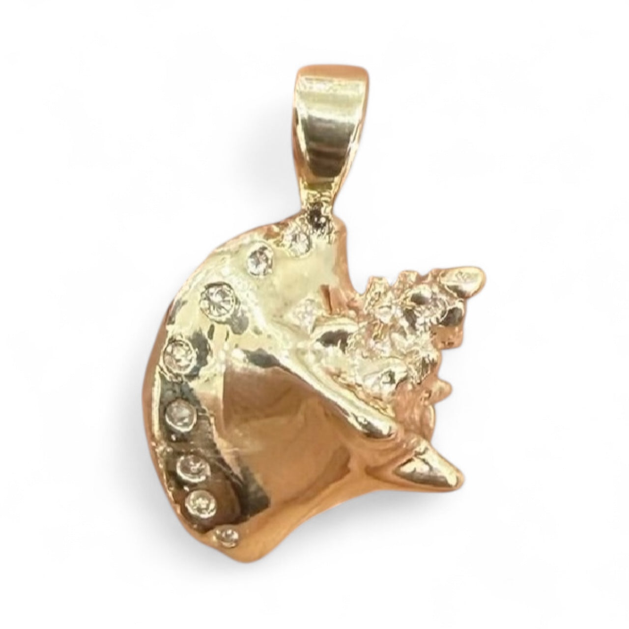 14K REAL SOLID GOLD HANDMADE CONCH SHELL PENDANT SET IN NATURAL DIAMOND