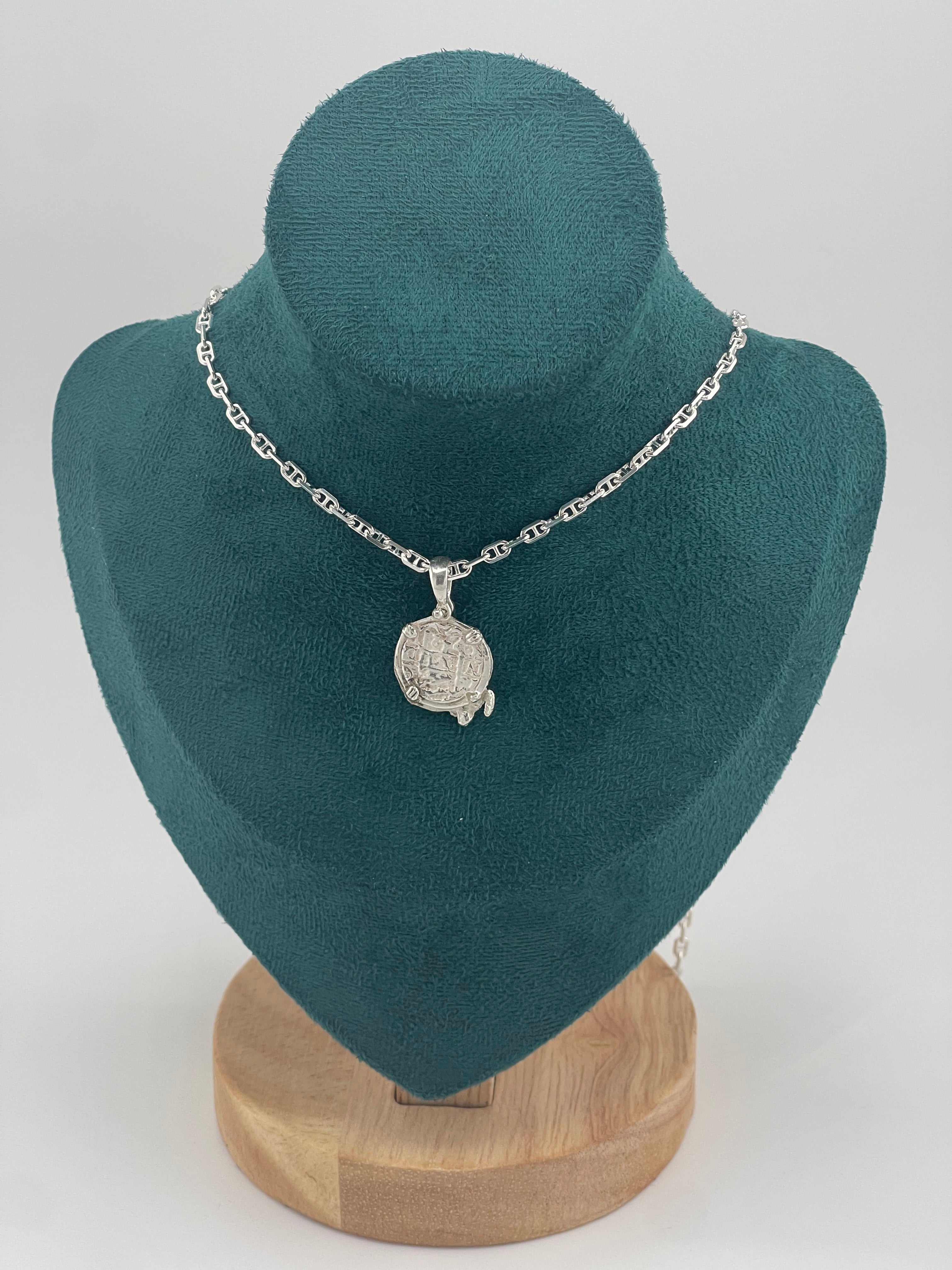 NUESTRA SENORA DE ATOCHA SOLID SILVER COIN PENDANT WITH TURTLE