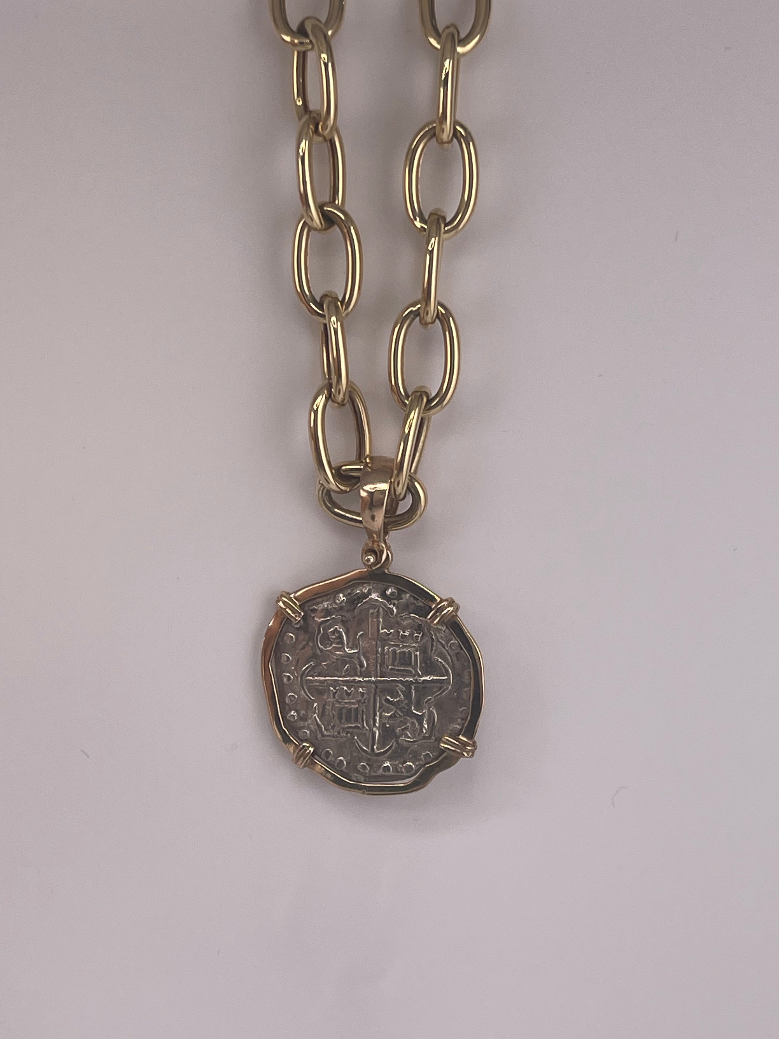 NUESTRA SENORA DE ATOCHA SILVER COIN PENDANT IN 14KT SOLID GOLD BEZEL WITH 14K REAL GOLD CHAIN 18” LONG