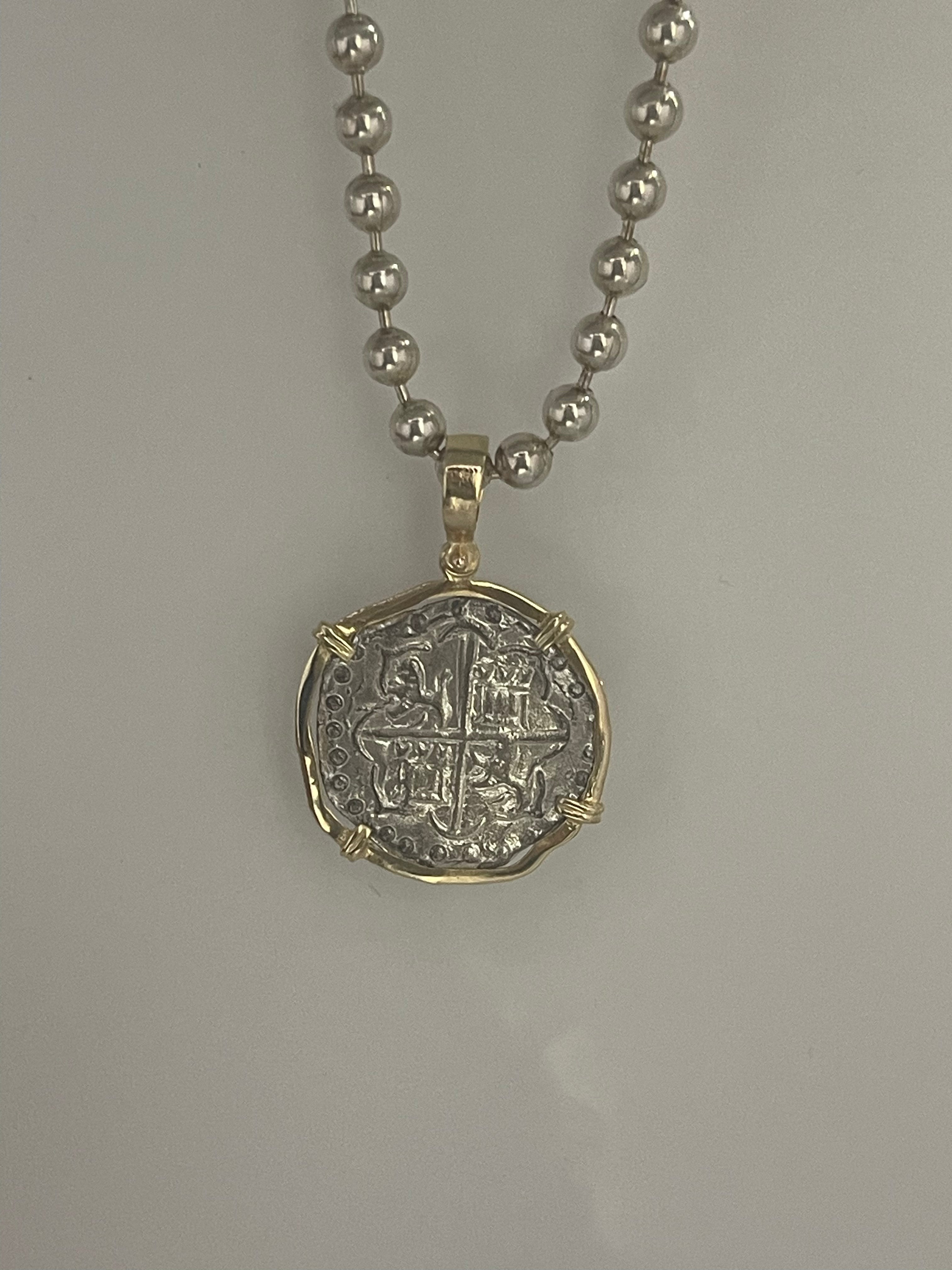 NUESTRA SENORA DE ATOCHA SILVER COIN PENDANT IN 14KT SOLID GOLD BEZEL WITH 925 STERLING SILVER BEAD CHAIN 18” LONG