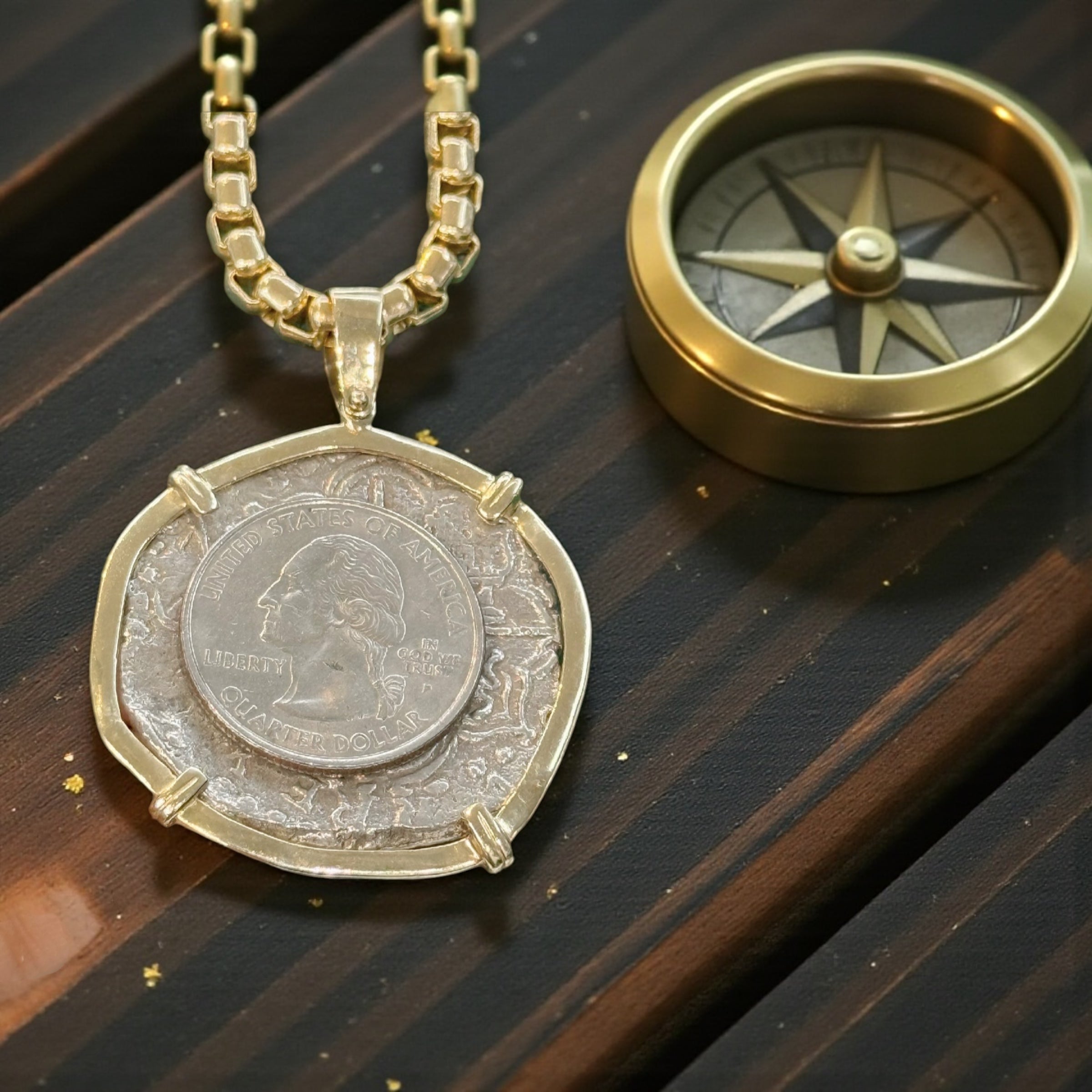 NUESTRA SENORA DE ATOCHA SILVER COIN PENDANT IN 14K REAL SOLID GOLD BEZEL 8 REALE SIZE HANDMADE FROM ATOCHA SILVER