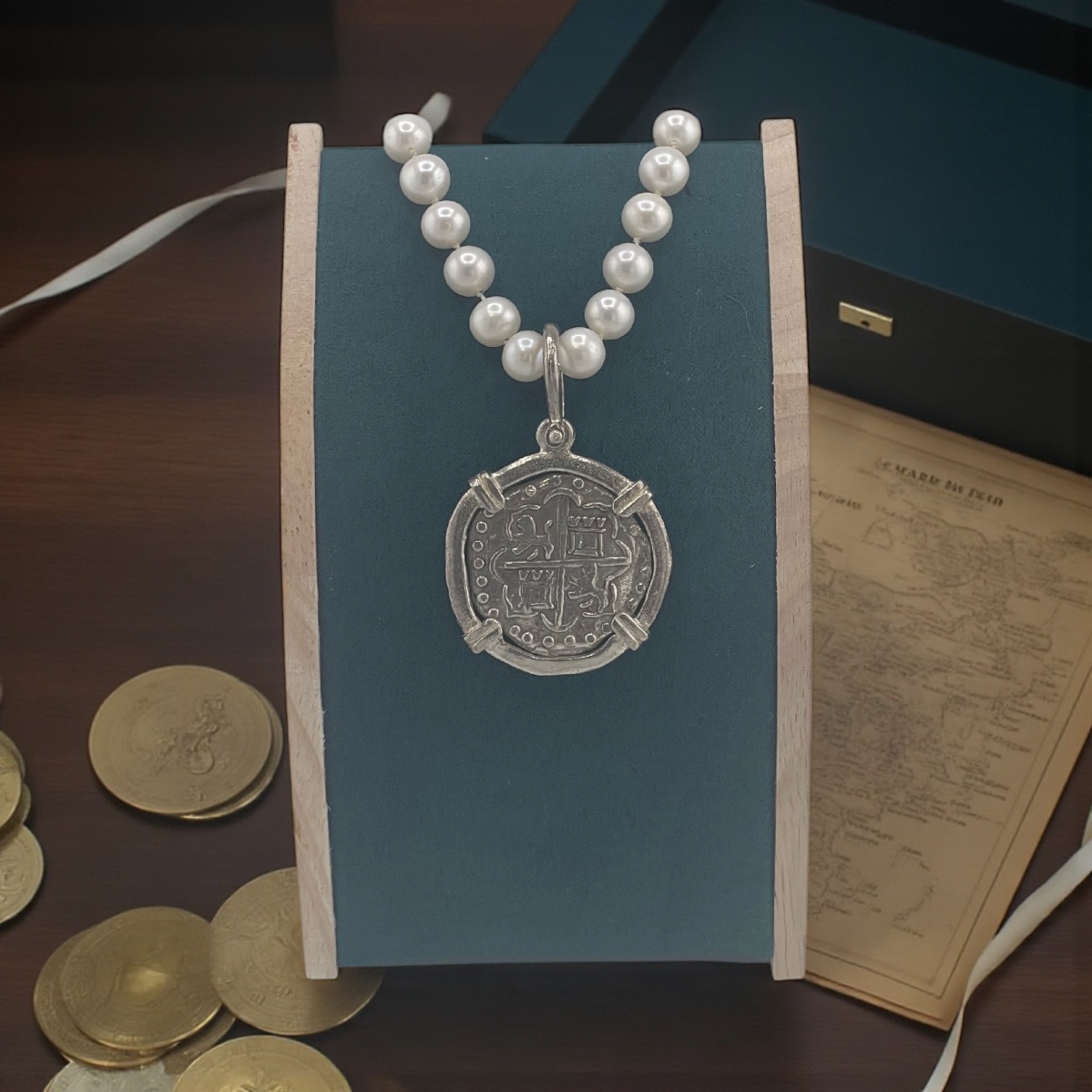 NUESTRA SENORA DE ATOCHA SILVER COIN PENDANT IN FRESH WATER PEARL NECKLACE 16” LONG