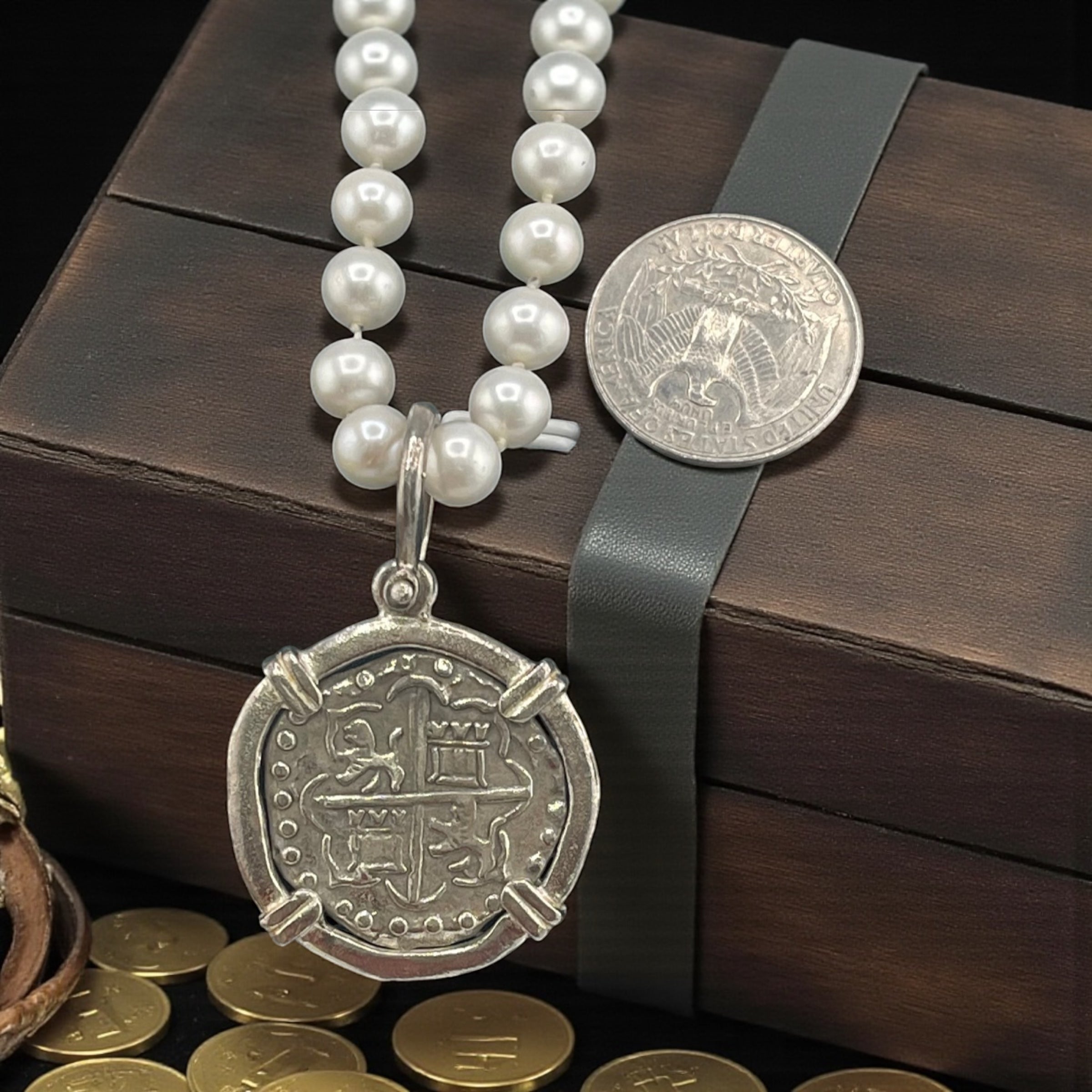 NUESTRA SENORA DE ATOCHA SILVER COIN PENDANT IN FRESH WATER PEARL NECKLACE 16” LONG