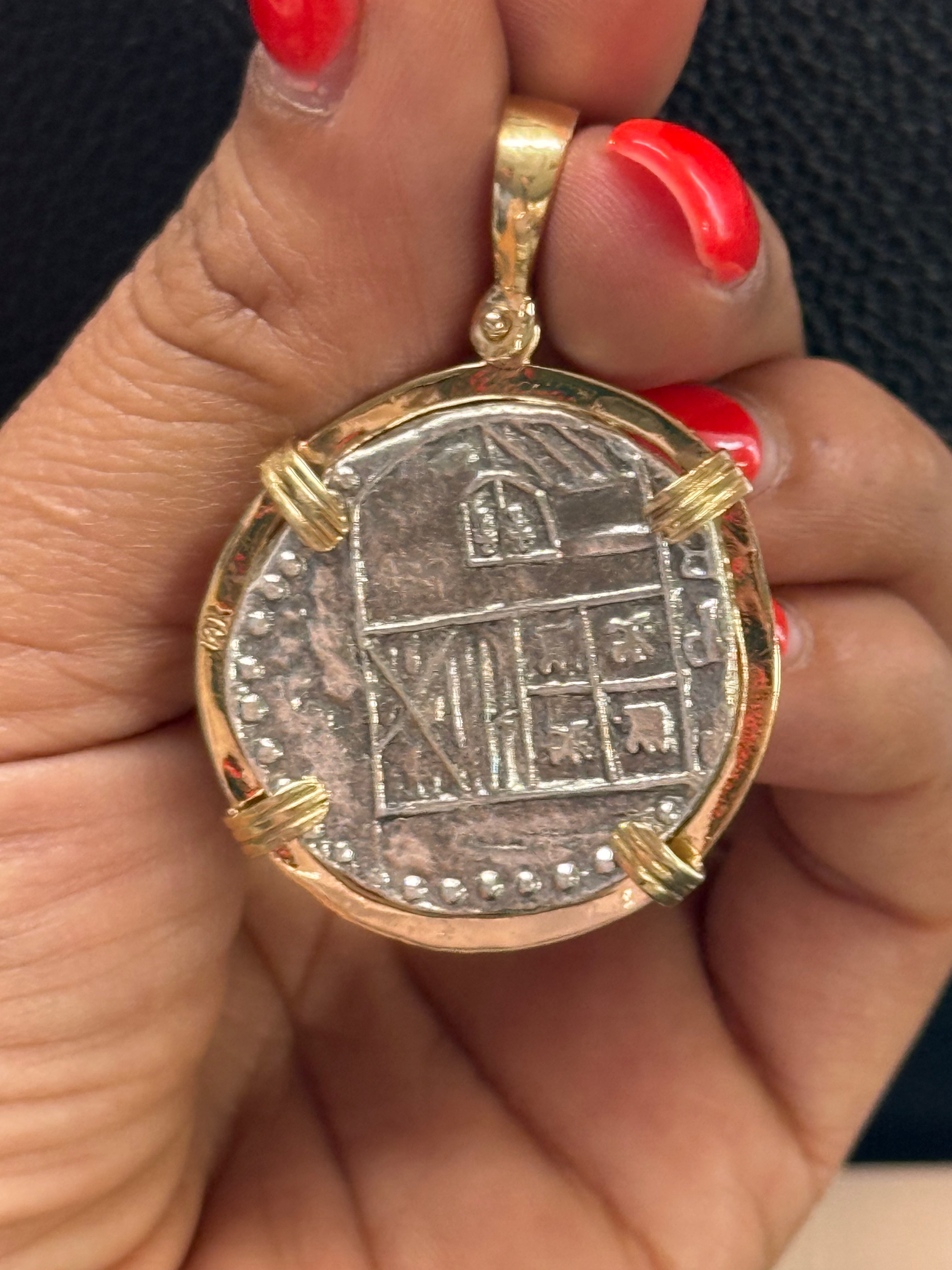 GORGEOUS ATOCHA SOLID SILVER SOLID COIN PENDANT IN 14K SOLID GOLD BEZEL