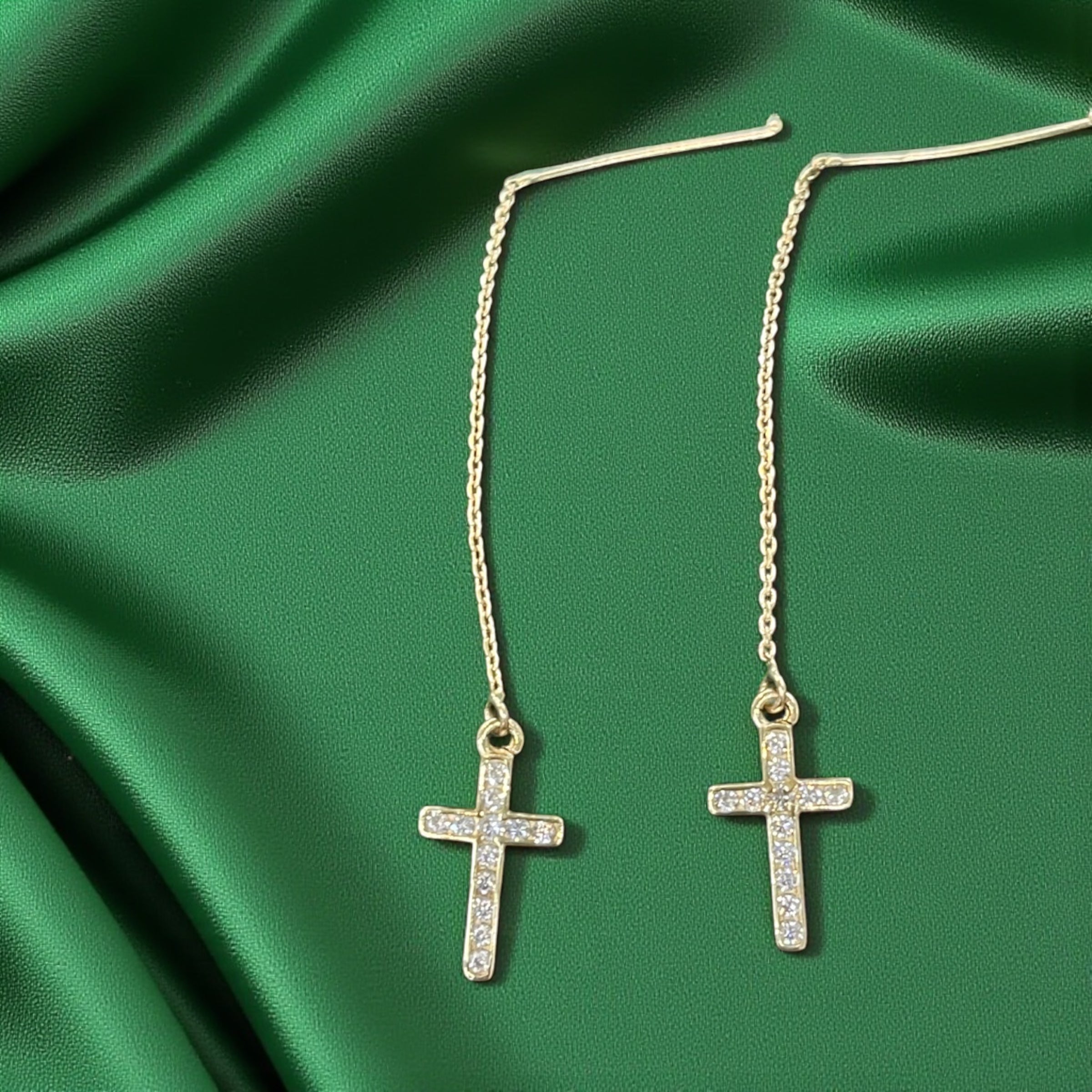 14K REAL GOLD CROSS THREAD EARRINGS.