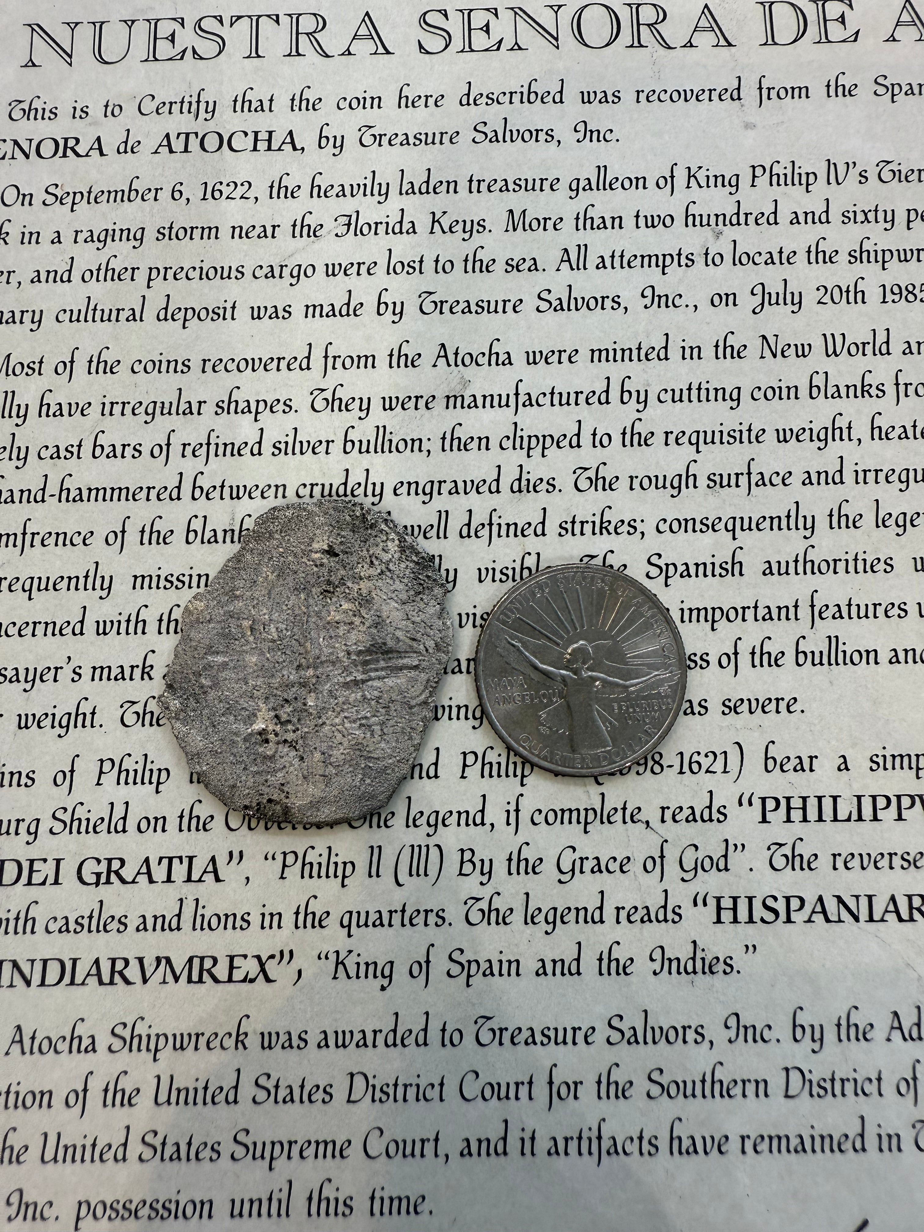 ACTUAL COIN NUESTRA SENORA DE ATOCHA SILVER COIN 8 REALE GRADE 4 SHIPWRECK COIN