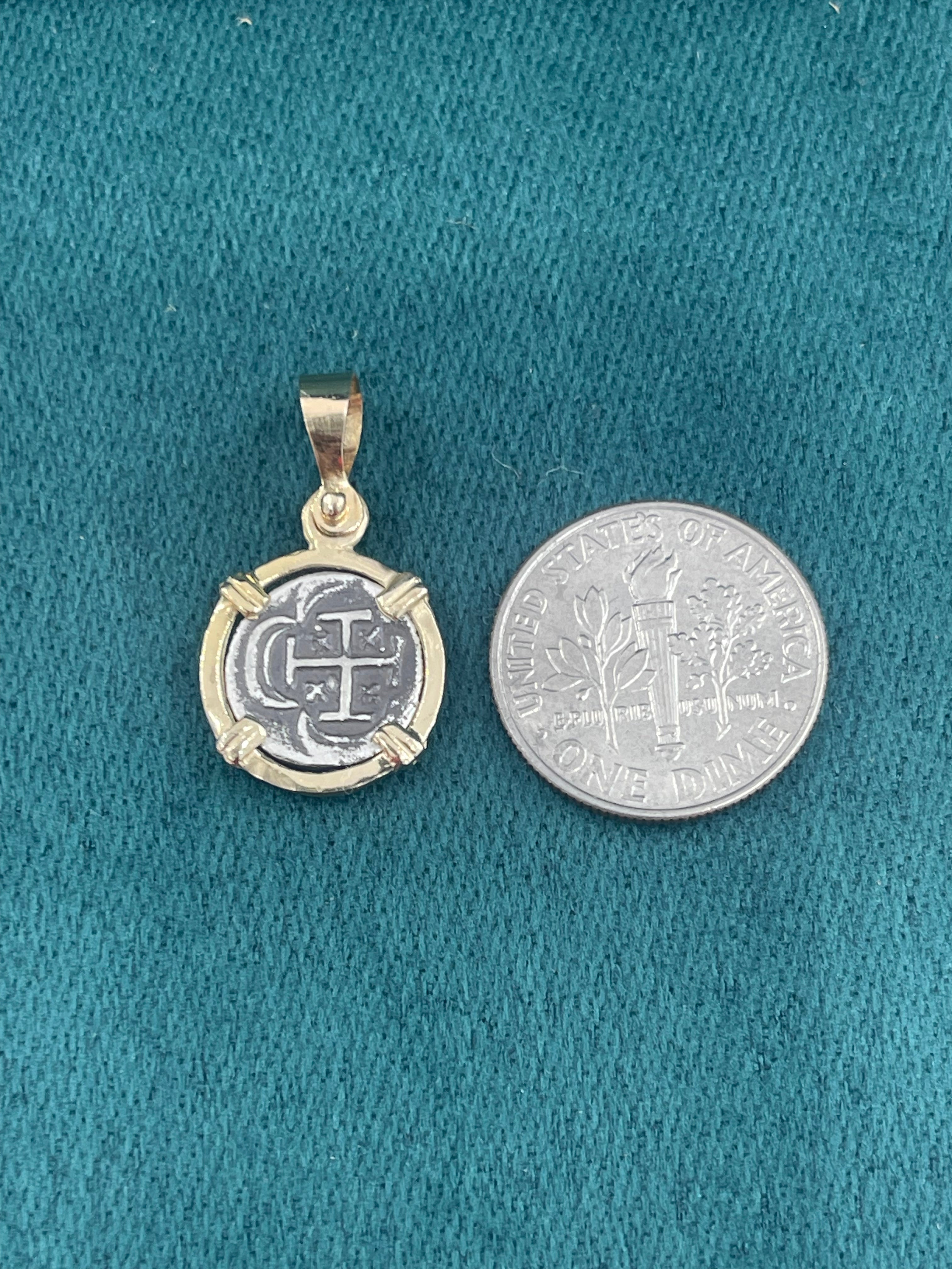 ATOCHA SILVER MINI COIN PENDANT IN 14K REAL SOLID GOLD BEZEL