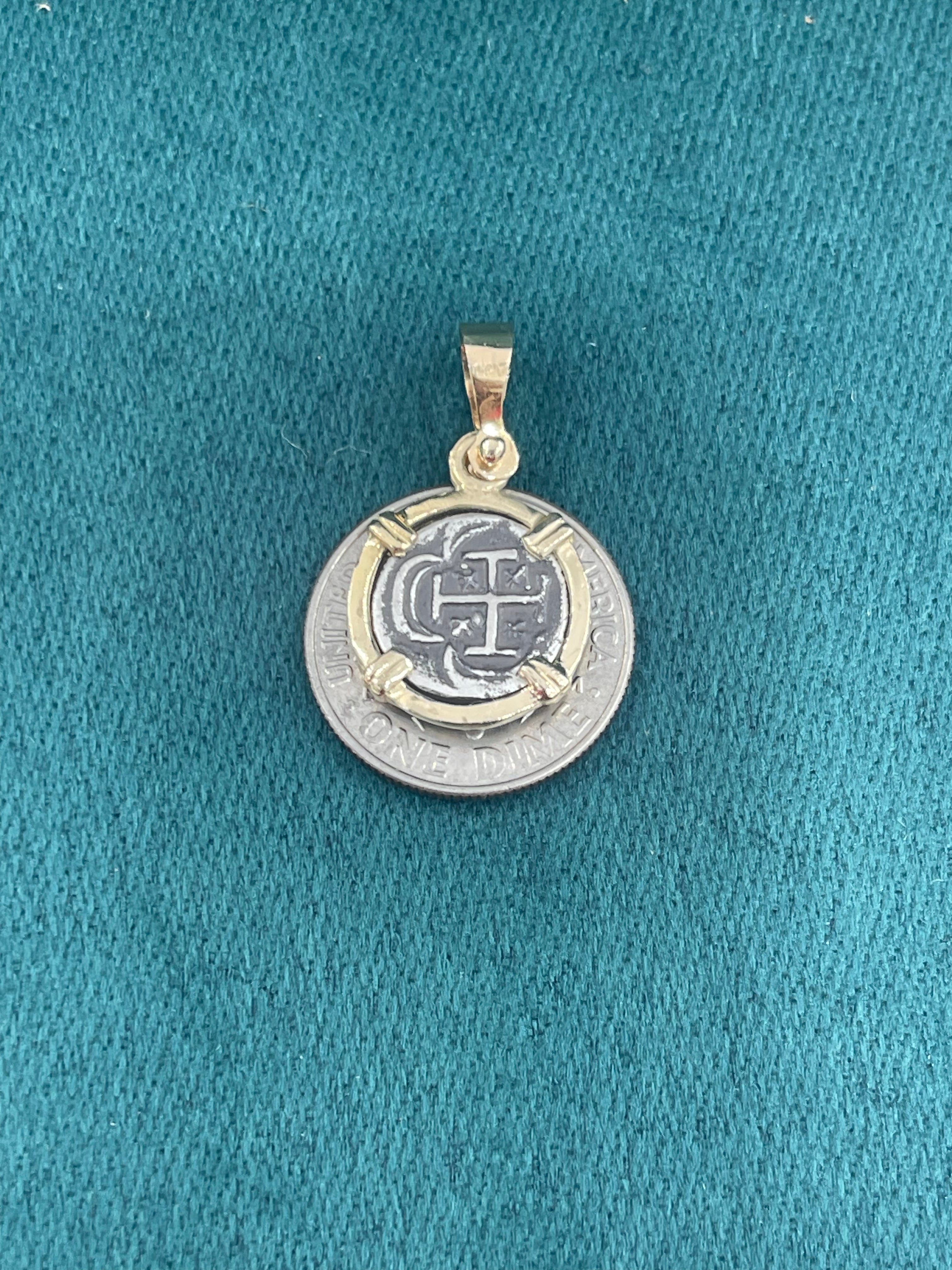 ATOCHA SILVER MINI COIN PENDANT IN 14K REAL SOLID GOLD BEZEL