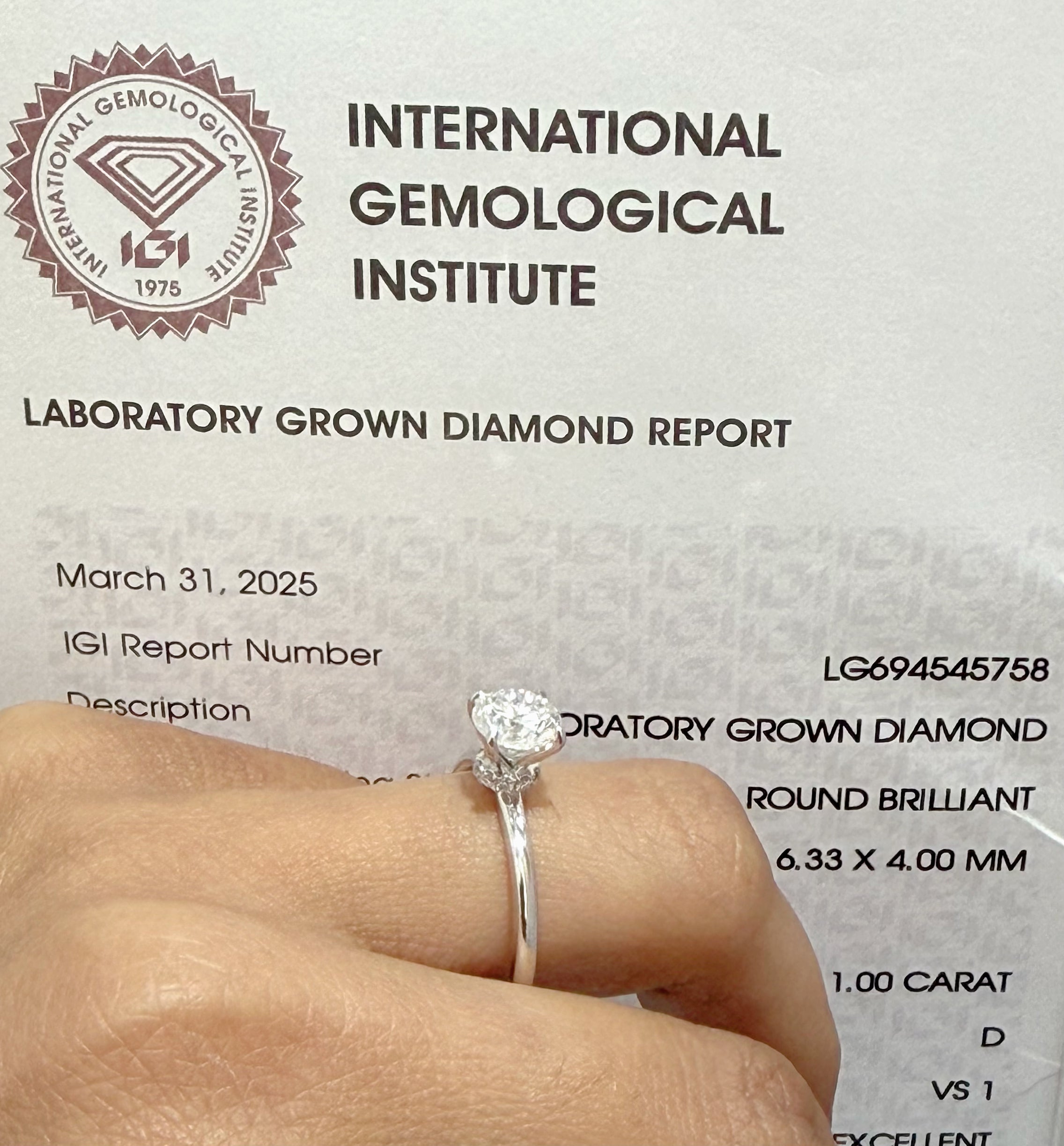 IGI CERTIFIED LAB GROWN DIAMOND RING 1CT VS 1 SET IN 14K SOLID WHITE REAL GOLD