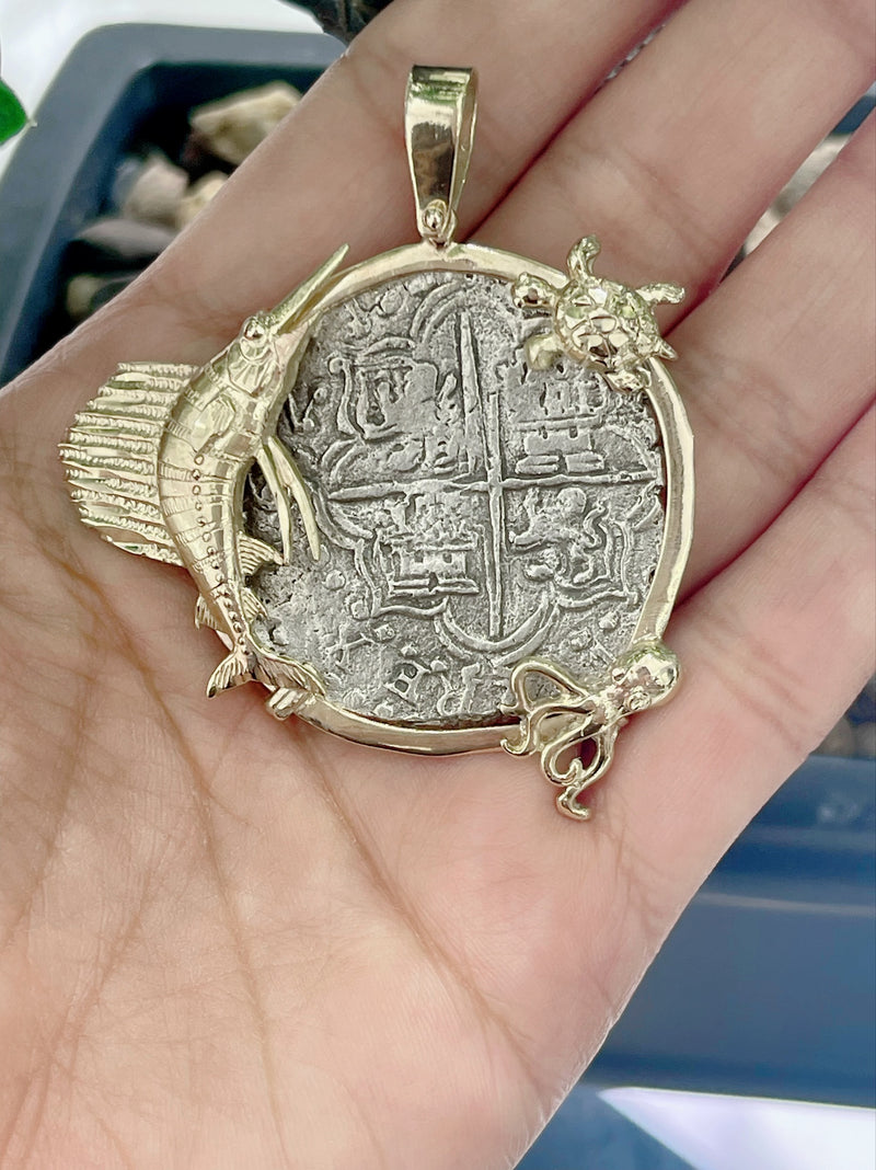 NUESTRA SENORA DE ATOCHA SILVER COIN PENDANT IN 14K REAL SOLID GOLD FISH 🐟 OCTOPUS 🐙 AND TURTLE 🐢 BEZEL