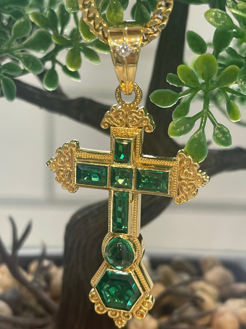 14K REAL SOLID GOLD EMERALD CROSS PENDANT