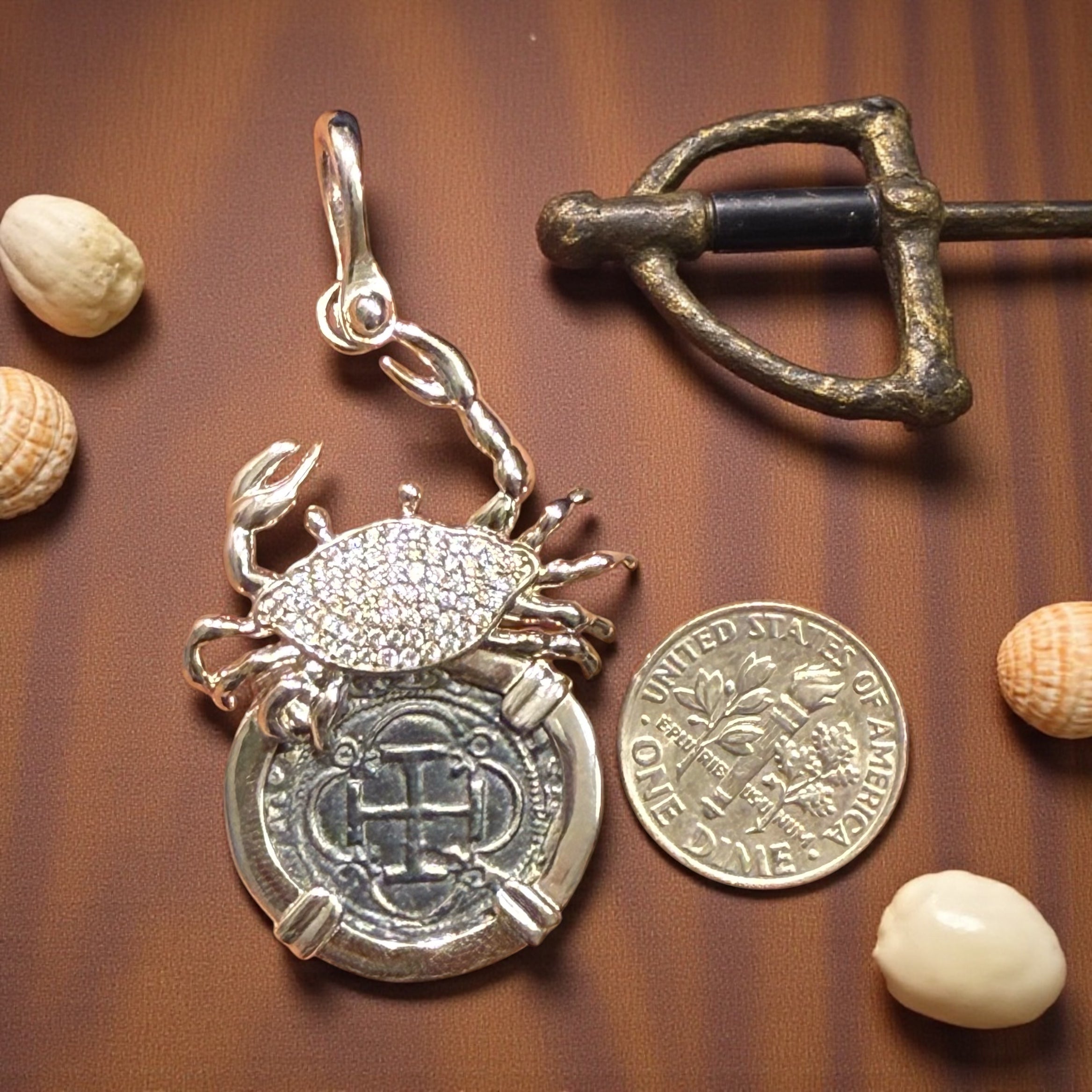 Atocha Shipwreck silver coin pendant in crystal crab setting