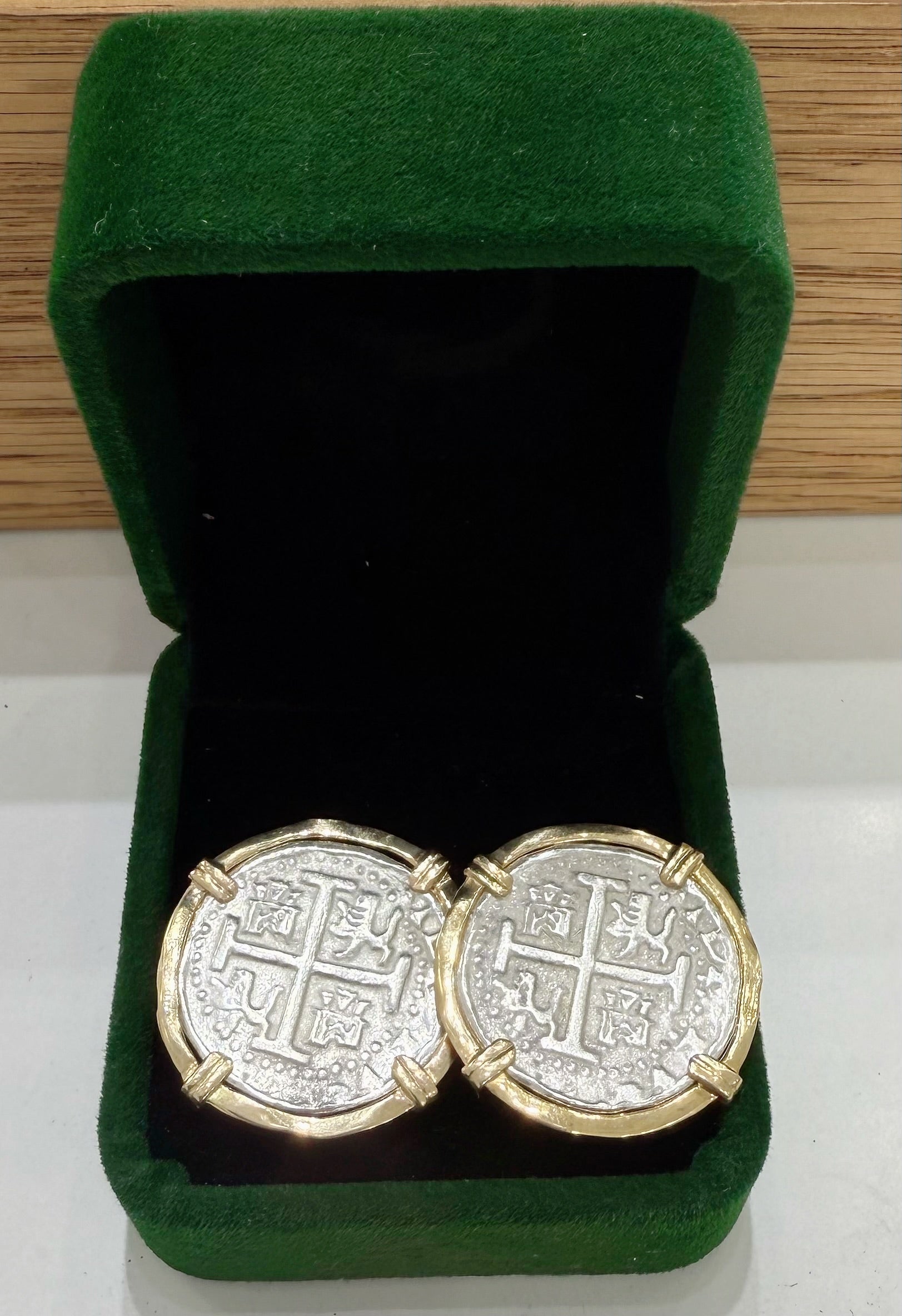 Atocha Silver COCKTAIL Coin Earrings 25mm in 14k real gold bezel