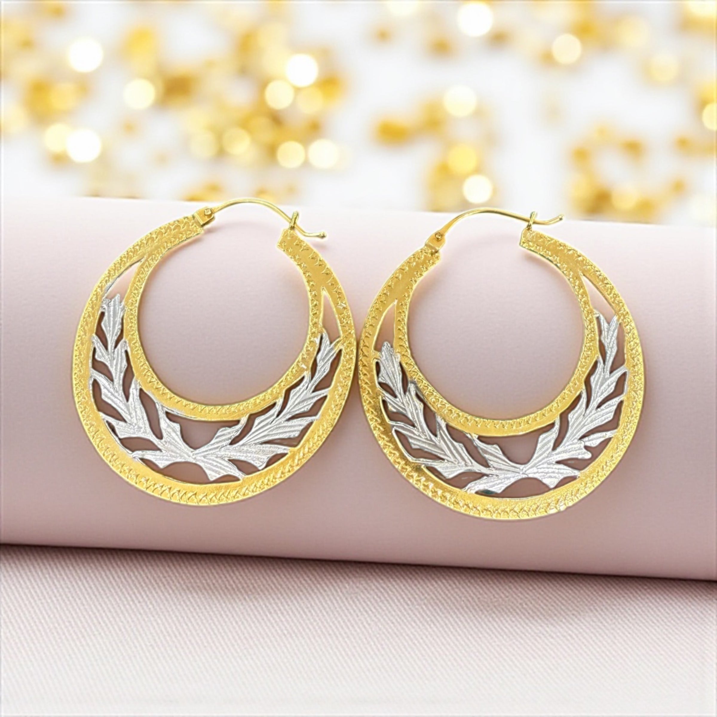 14K REAL GOLD HANDMADE JUMBO CUBAN HOOP EARRINGS TWO TONE