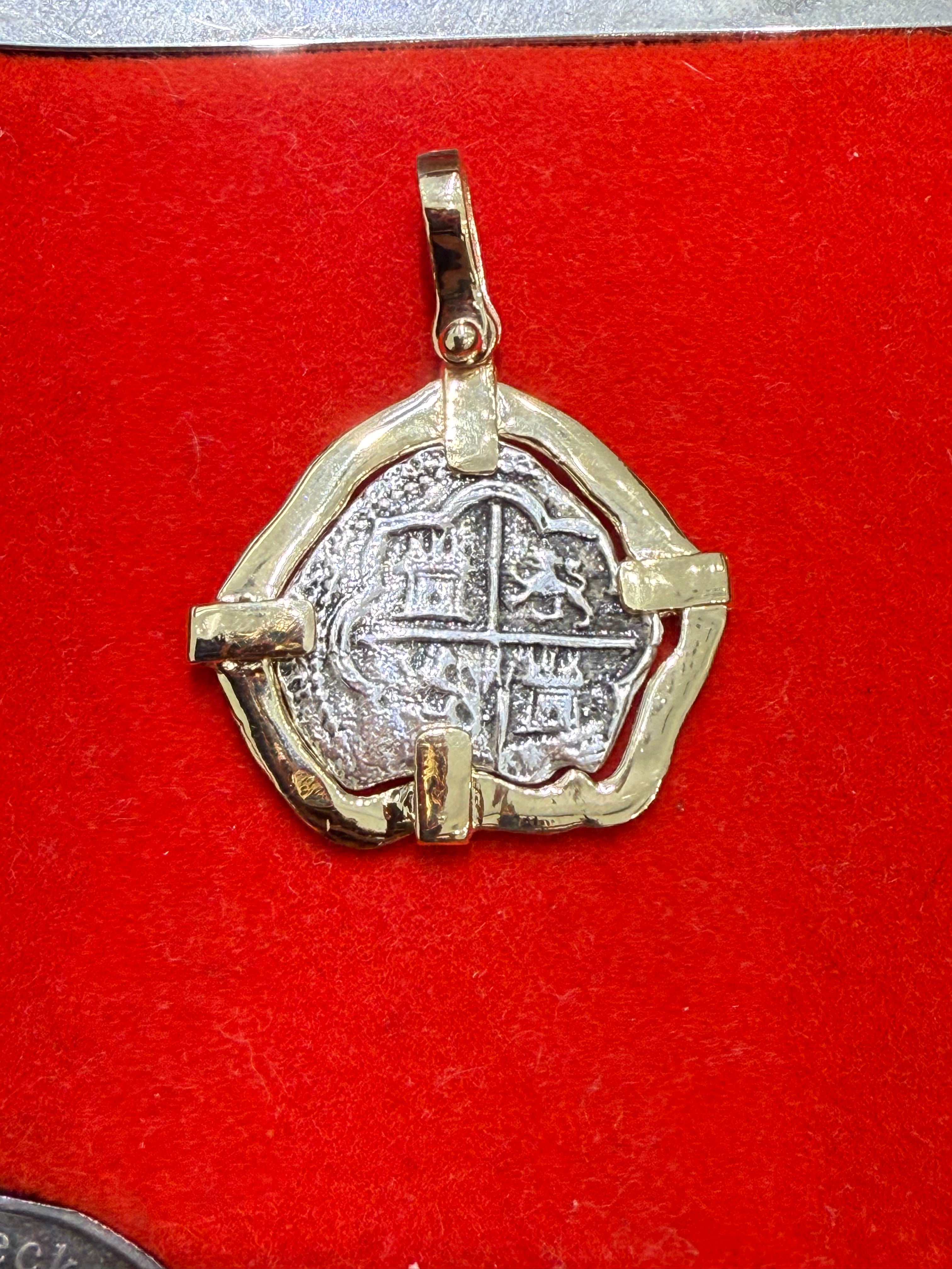 UNIQUE SHAPE ATOCHA SILVER SOLID COIN PENDANT IN 14K SOLID GOLD BEZEL