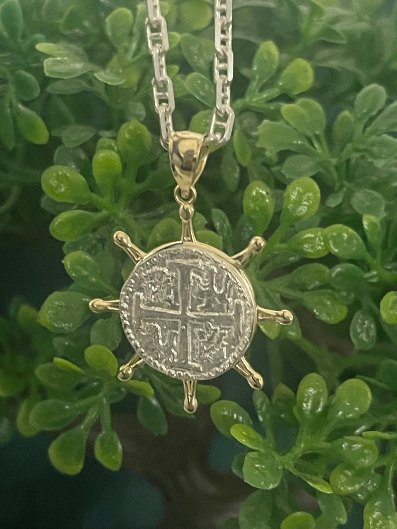 NUESTRA SENORA DE ATOCHA MINI SILVER COIN PENDANT IN 10K REAL GOLD SHIP’S WHEEL